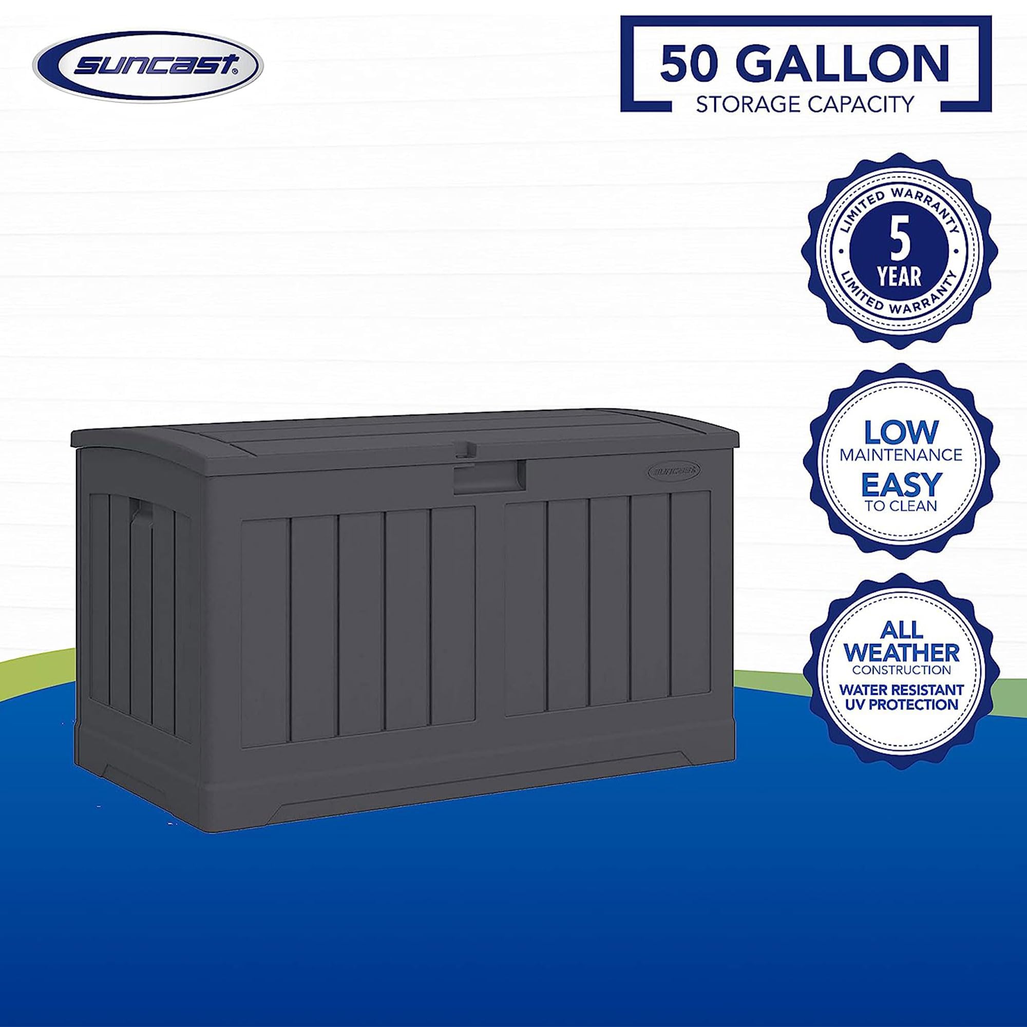 Suncast 50 Gallon All-Weather Resin Outdoor Storage Deck Box with Arched Lid - Medium Capacity Patio, Garden & Pool Storage Solution - Durable Peppercorn Design for Backyard, Deck or Poolside Organization