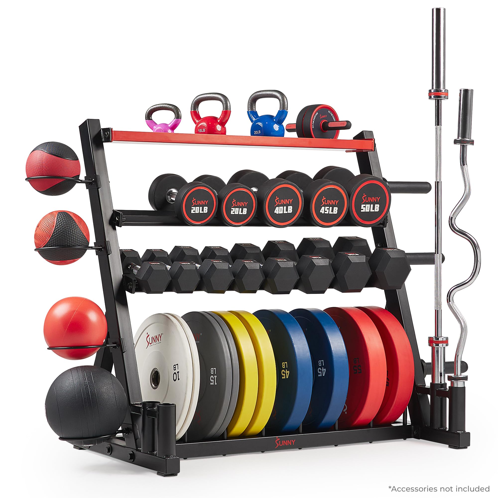 Sunny Health & Fitness Multi-Weight Storage Rack Stand - Organize Dumbbells, Kettlebells, Olympic Plates & Barbells - Perfect for Home Gym & Garage Workouts