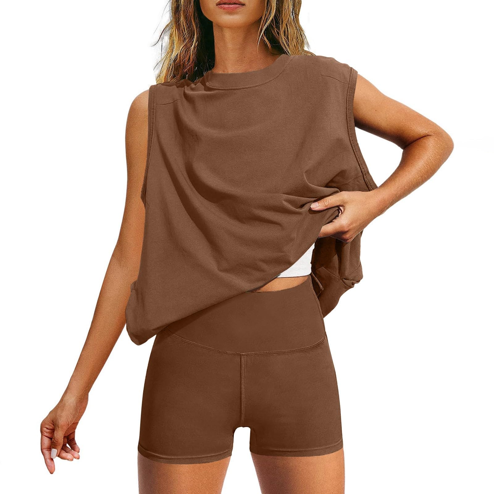 Women's 2 Piece Workout Outfit - Sleeveless Oversized Flowy Top & Solid Shorts Tracksuit Set | Gym, Yoga, Running & Lounge Wear for Women | Comfortable Casual Athletic Set for Home & Outdoor Activities