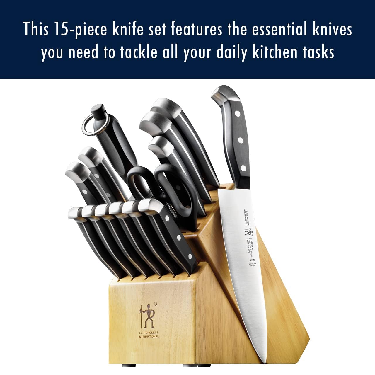 HENCKELS Premium 15-Piece Knife Set with Block - Razor-Sharp German Stainless Steel Knives - 100+ Years Craftsmanship - Lightweight & Durable - Dishwasher Safe - Perfect for Home Kitchen, Professional Chefs & Gift Giving