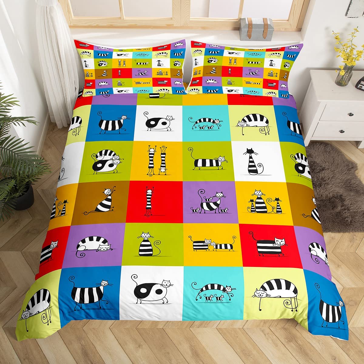 Manfei Cartoon Cat Duvet Cover Twin Size - Black & White Geometric Lattice Patchwork Bedding Set (2Pcs) with 1 Pillowcase - Watercolor Quilt Cover for Kids, Teens & Adults - Perfect for Bedroom Decor, Dorm Room Essentials & Cozy Home Styling