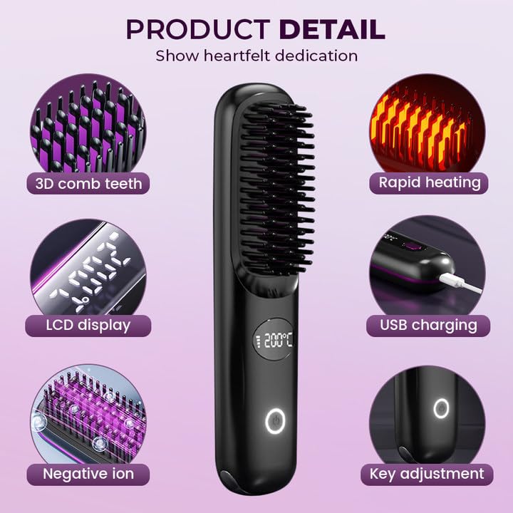 2025 Upgraded Go Brush - Cordless Mini Hair Straightener Brush with LCD Temperature Display, Fast Heating & Portable Design for Travel | Perfect for Home, Salon & On-The-Go Styling (Purple)