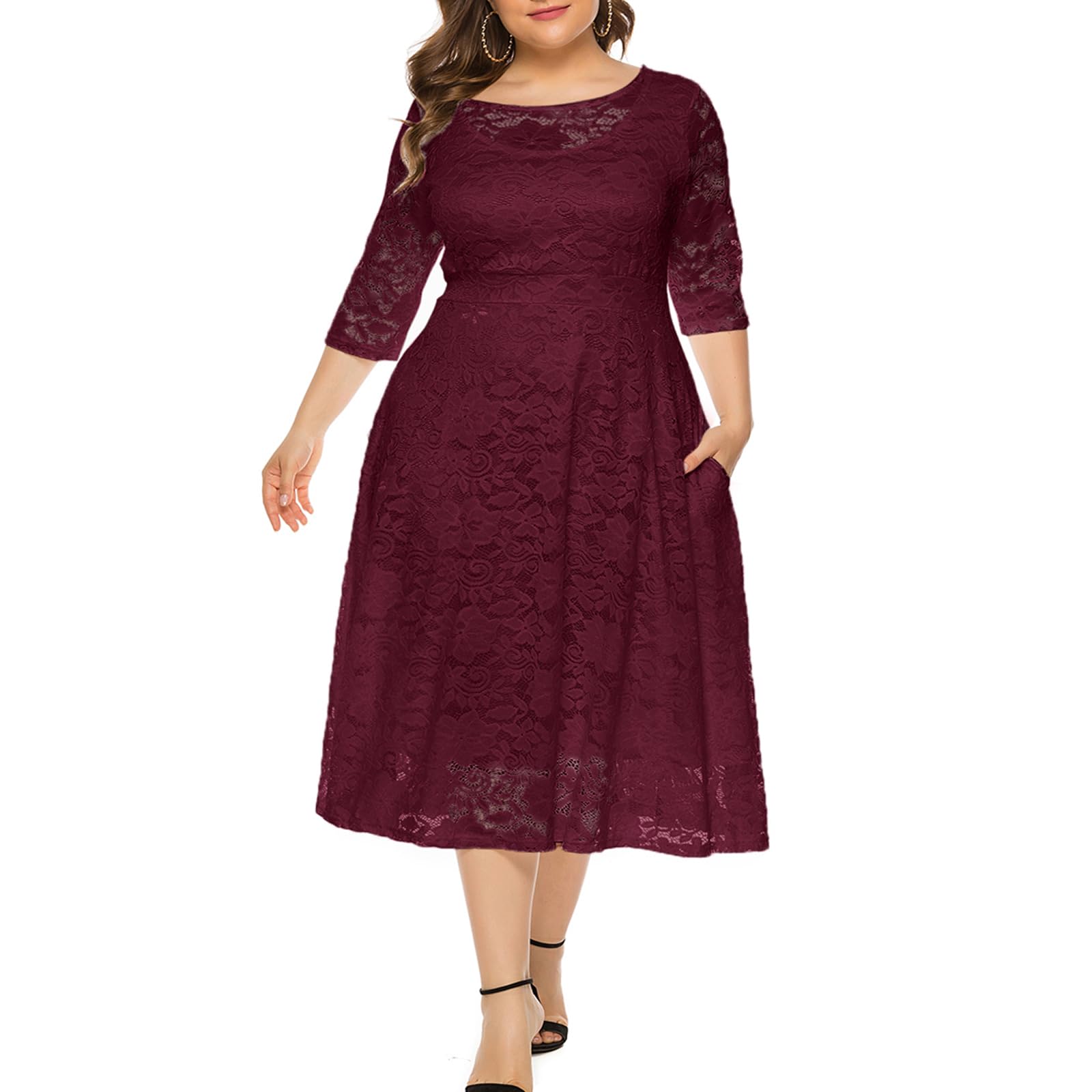 Eternatastic Women's Floral Lace Plus Size Midi Dress - Scoop Neck Cocktail Party Dress for Women, Elegant A-Line Formal Gown for Wedding Guest, Bridesmaid, Evening Events & Special Occasions