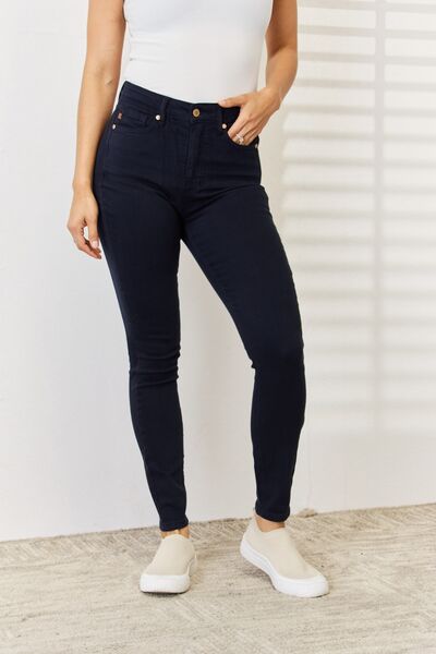 Judy Blue Garment Dyed Black High Waisted Tummy Control Skinny Jeans for Women - Slimming Stretch Denim Pants for Casual Wear & Everyday Outfits