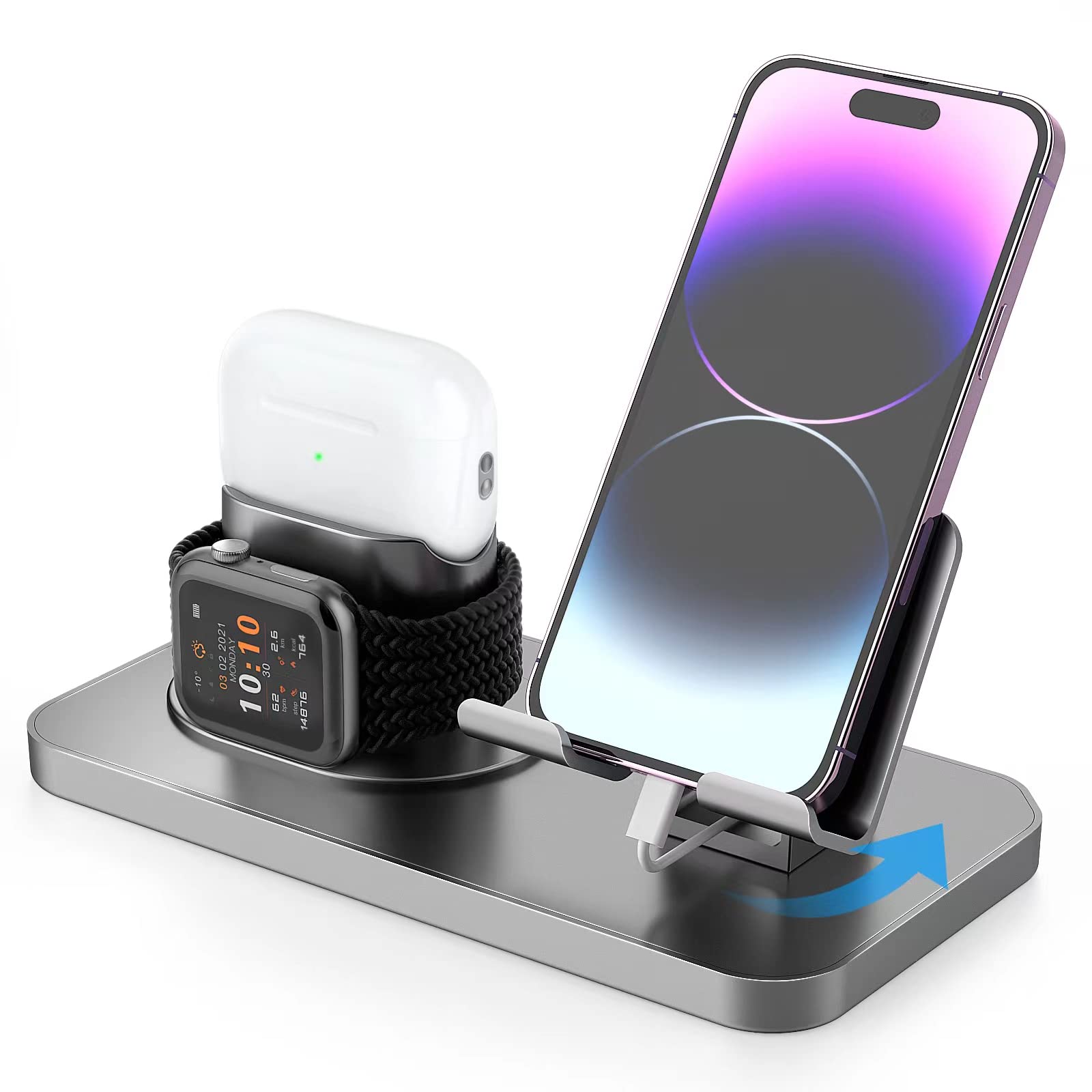 180° Rotation 3-in-1 Wireless Charger Stand - Fast Charging Dock for Apple Watch, AirPods & iPhone - Compatible with Most Smartphones & Tablets (Gray) | Perfect for Bedside, Office & Travel Use