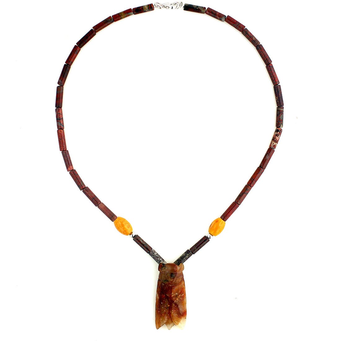 925 Sterling Silver Carved Yellow Jade Cicada Tube Jasper 17-inch Necklace - Elegant Handmade Jewelry for Women, Perfect Gift for Birthday, Anniversary & Special Occasions