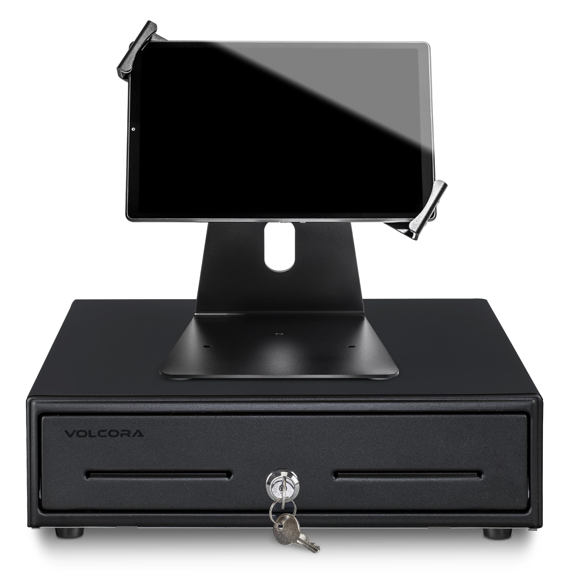 Volcora Secure Cash Register Drawer with Lock & Tablet Stand - POS System for Retail Stores, Anti-Theft Money Tray, Black | Ideal for Small Business, Convenience Stores & Restaurant POS Setups