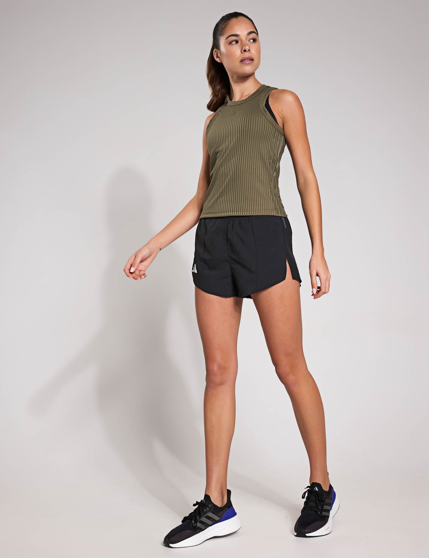 Gym Seasonal Rib Tight Fit Tonal 3 Stripes Tank Top for Women - Olive Strata | Workout, Yoga & Running Activewear