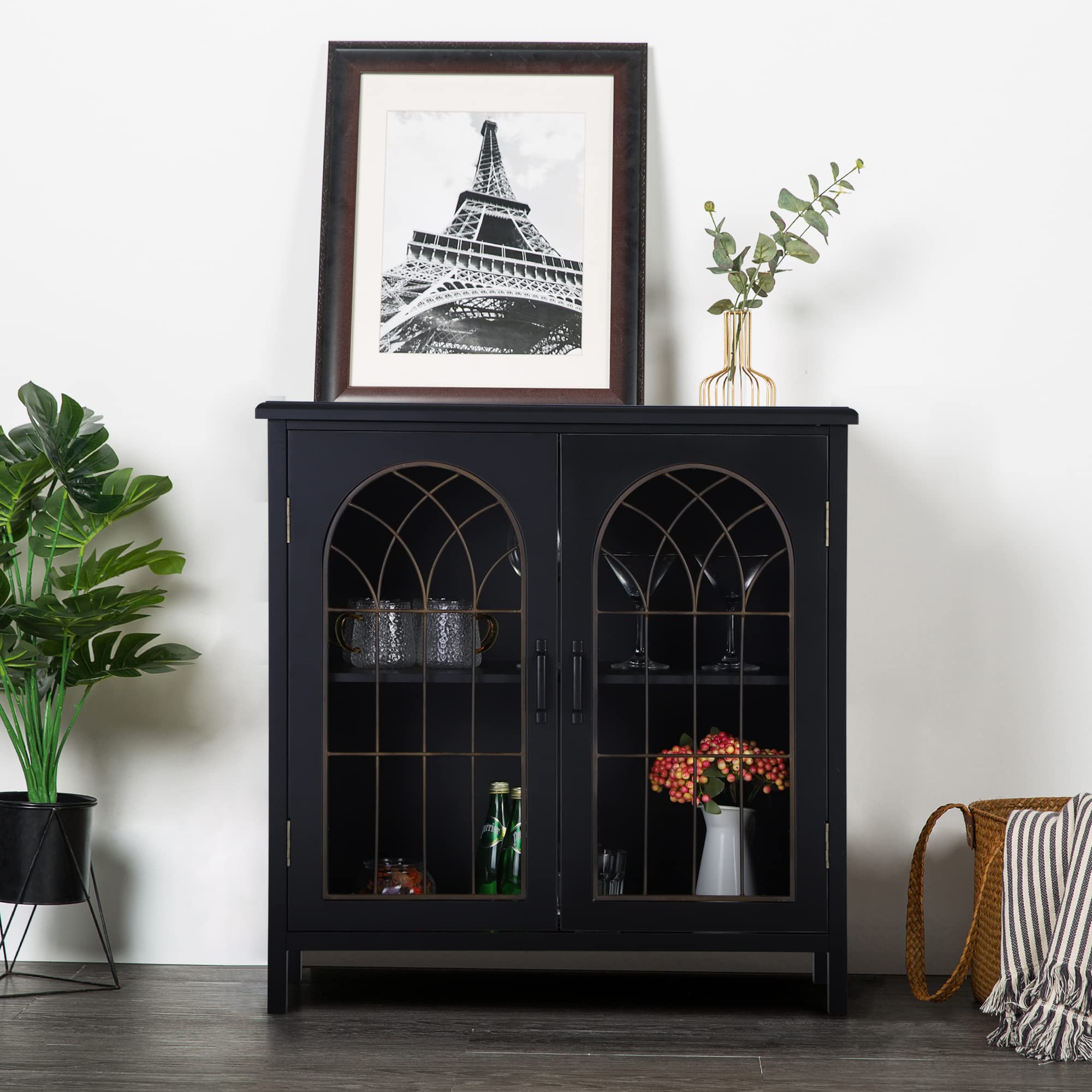 Sophia & William Sideboard Buffet Cabinet - Modern Accent Storage with Metal Church Window Doors for Kitchen, Dining Room & Entryway - Dark Grey Finish | Perfect for Home Decor, Entertaining & Organization
