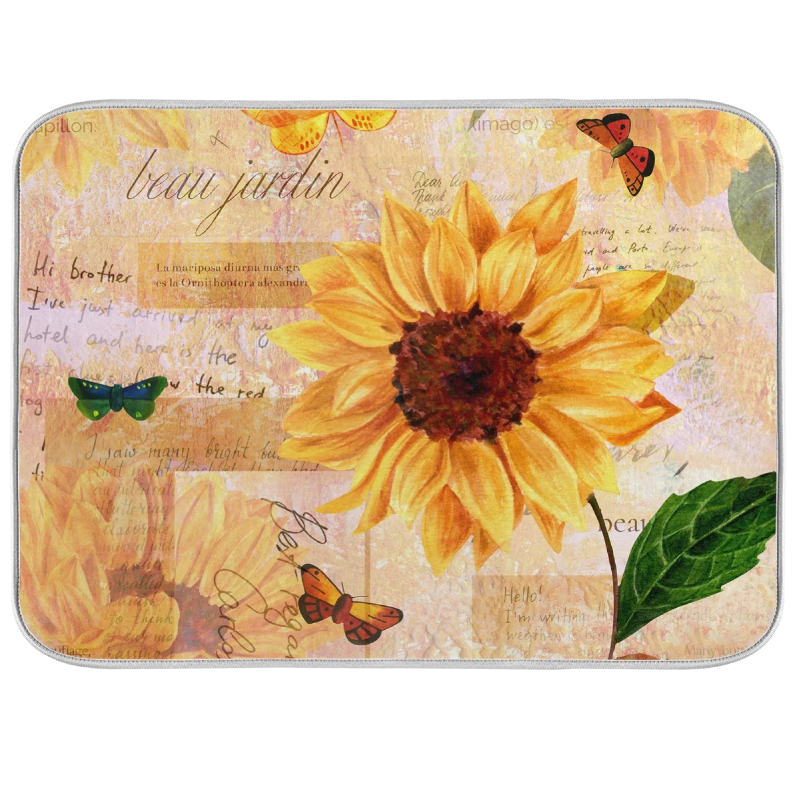 KFBE Sunflower Butterfly Dish Drying Mat - Foldable Absorbent Kitchen Counter Decor for Plates & Utensils (16x18in) - Perfect for Drying Dishes, Protecting Countertops & Adding Farmhouse Style to Your Kitchen