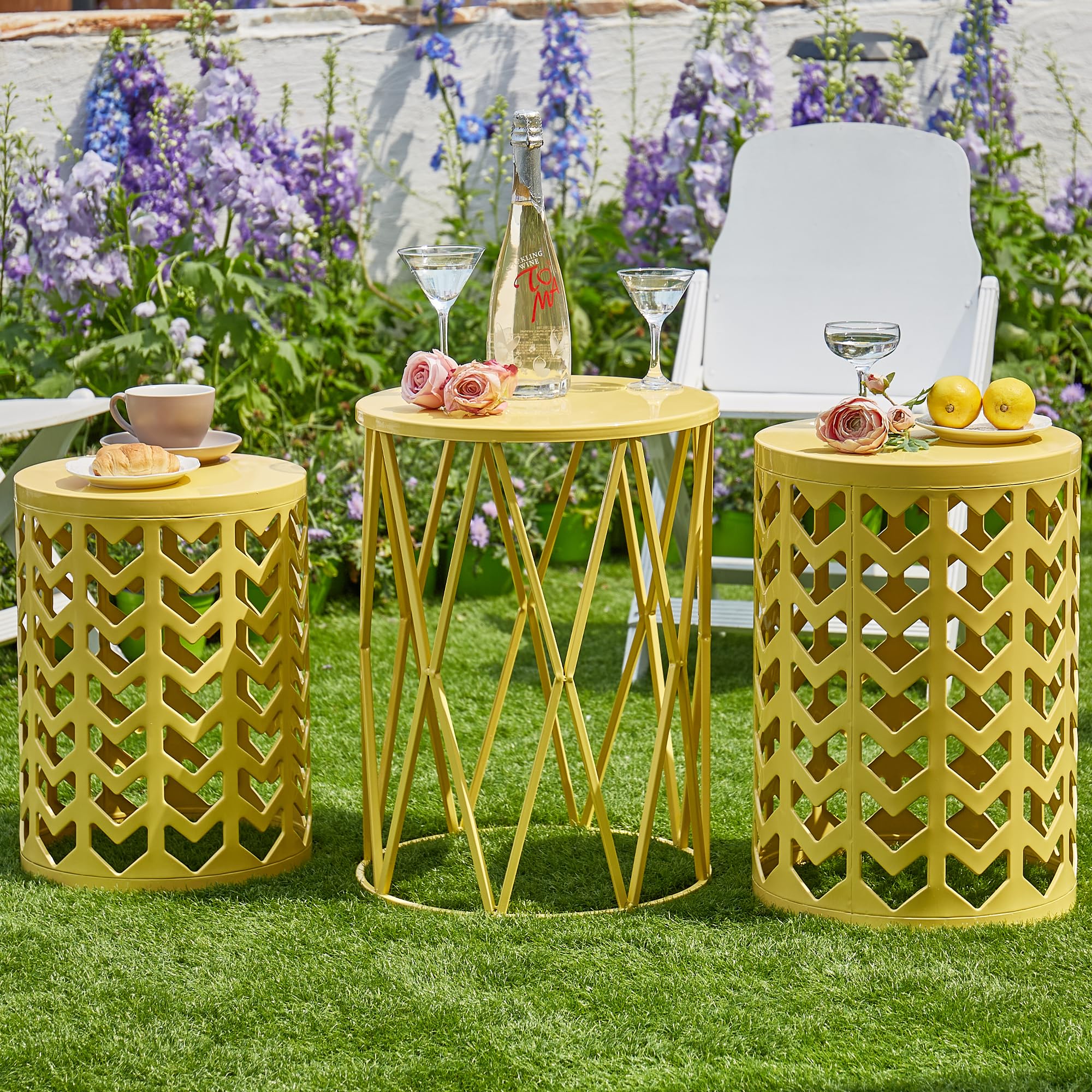 Y&M Set of 3 Round Nesting Metal Coffee Tables - Indoor/Outdoor Side Tables, End Tables, Plant Stands & Decorative Stools - Heavy Duty Yellow Garden Furniture (Perfect for Living Room, Patio, Balcony & Office Decor) - Ships from USA