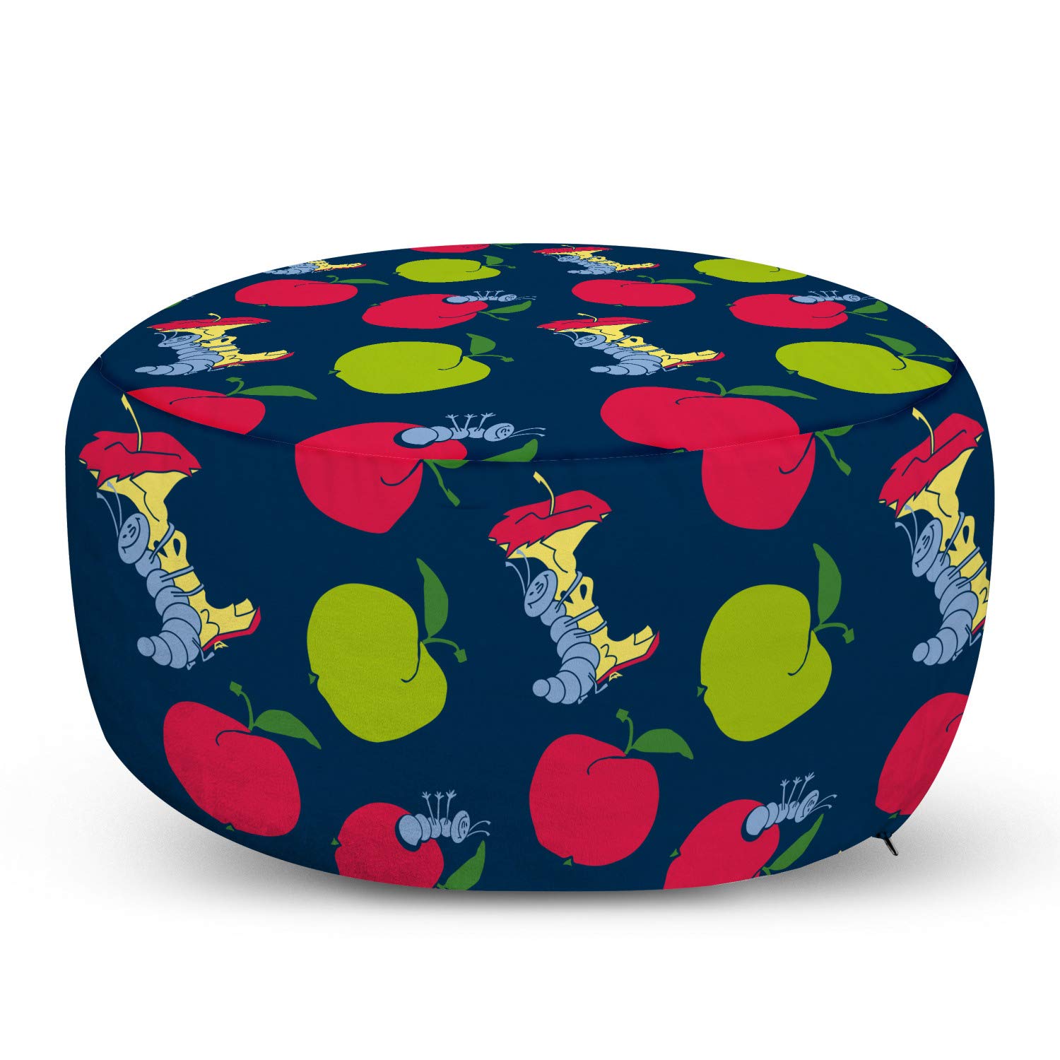 Ambesonne Cartoon Ottoman Pouf - Funny Worm Hugging Apple Design, Soft Foot Rest with Removable Cover for Living Room & Bedroom - Nature Insect Forest Theme in Night Blue | Perfect for Relaxing, Reading & Home Decor