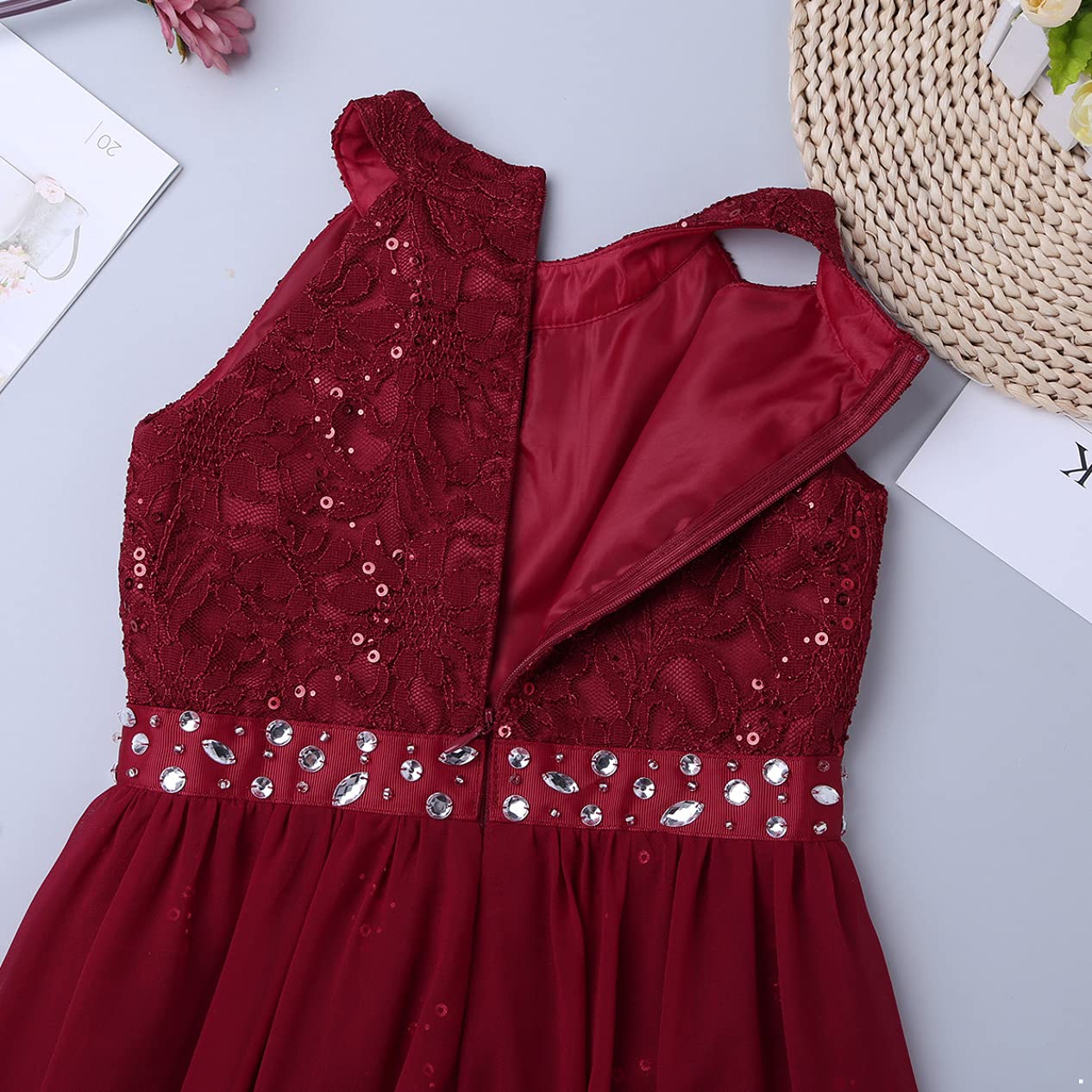 Girls Floral Lace Rhinestone Chiffon Dress - High Low Hem Princess Party Gown for Birthday, Formal Occasions & Special Events - Perfect for Weddings, Pageants, Photo Shoots & Holiday Celebrations