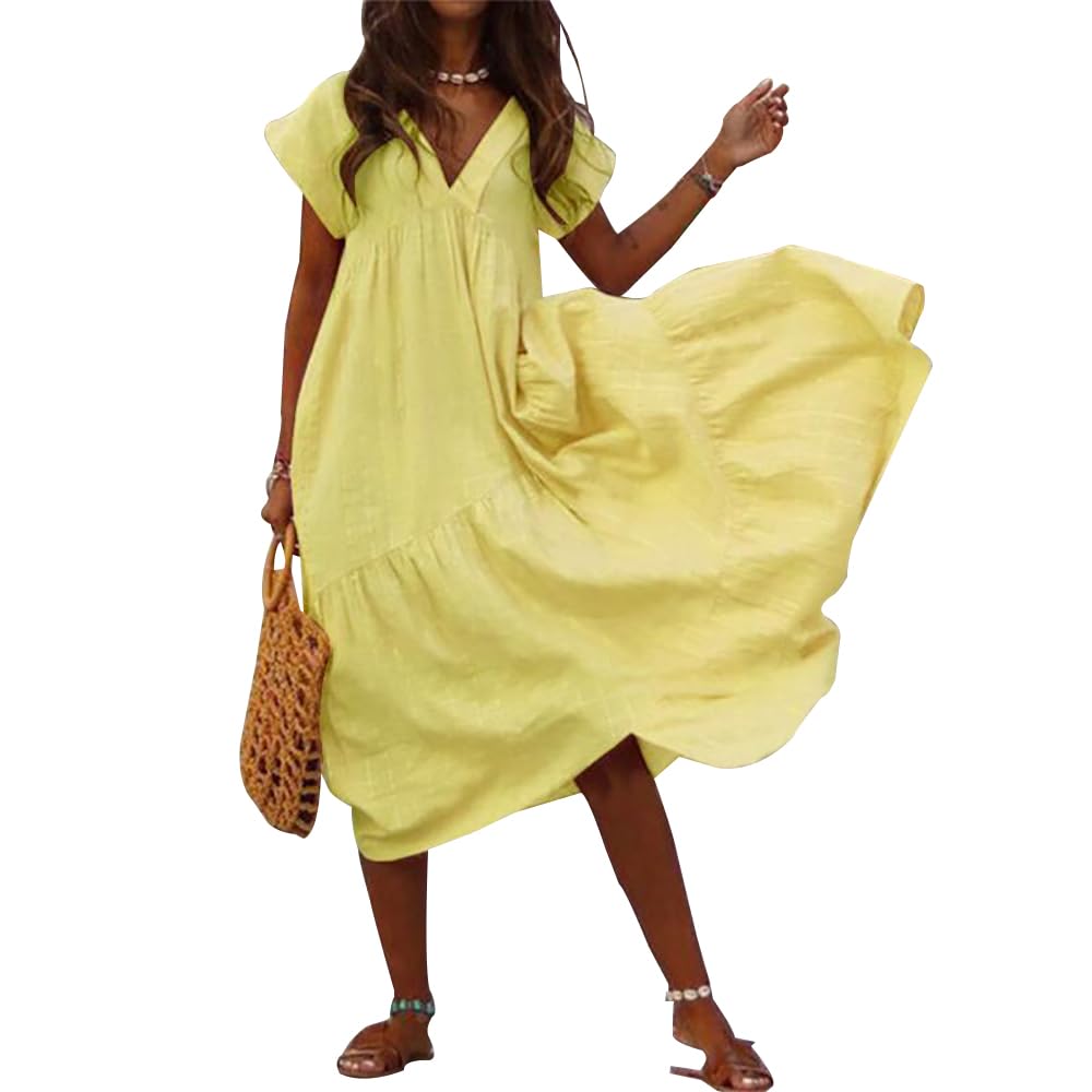 Boho Short Sleeve Maxi Dress for Women - Flowy Ruffled Hem Tiered Beach Sundress - Plus Size Casual Summer Dress for Vacations, Music Festivals & Beach Getaways
