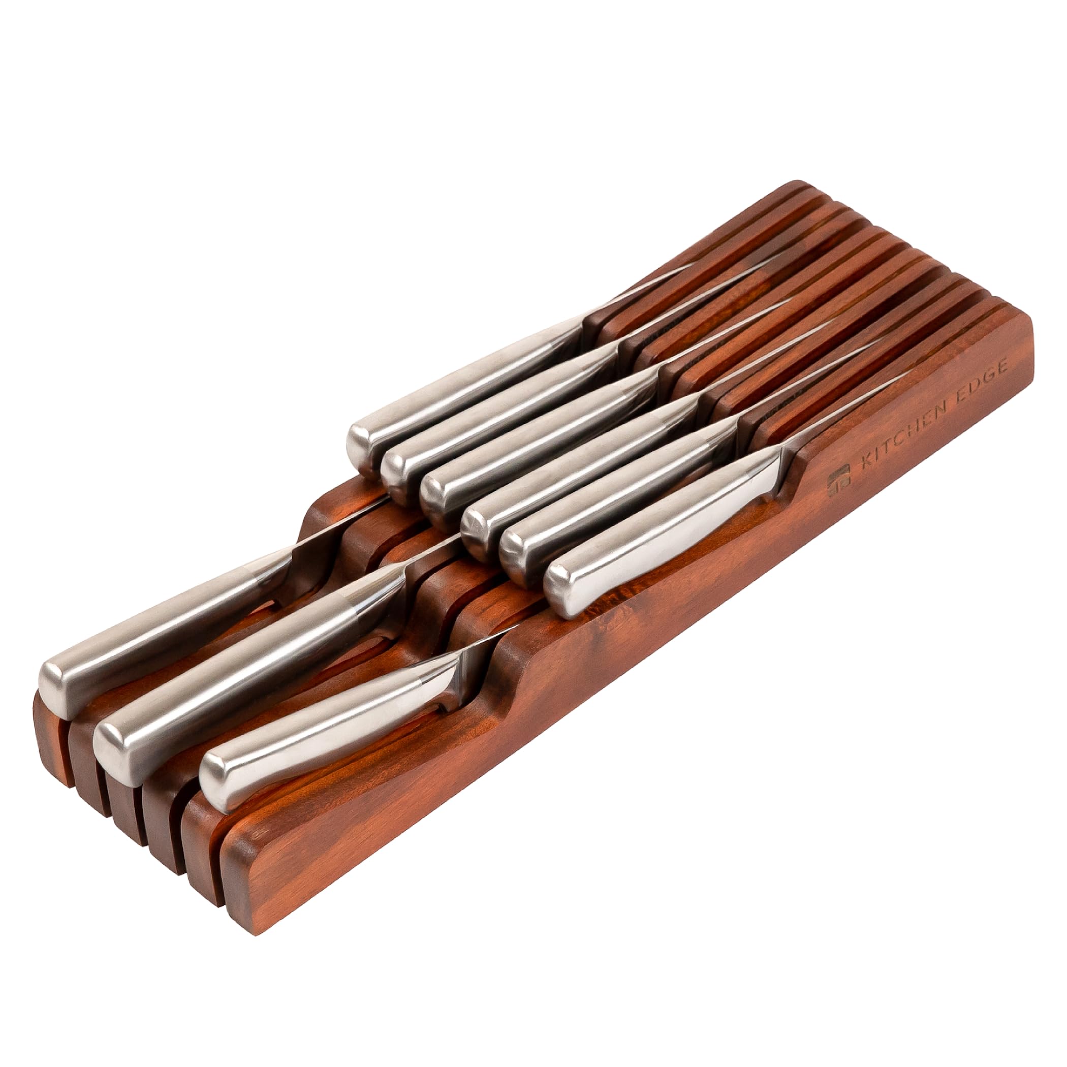 Premium Acacia Wood Knife Block Holder - Organizer for 5 Long & 6 Short Knives (Not Included), Universal Fit with Rubber Feet & Food-Safe Finish | In-Drawer Kitchen Storage for Countertop or Cabinet Use