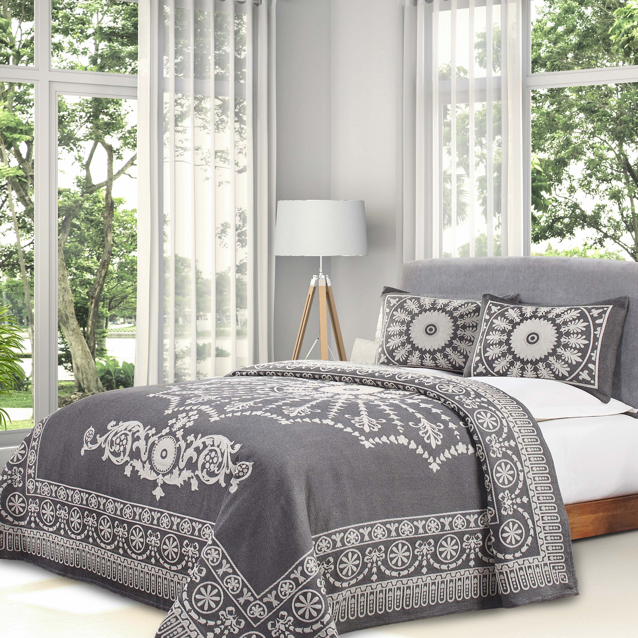Traditional Medallion Cotton Blend Woven Jacquard Bedspread Set - Queen Size 3-Piece Luxury Bedding for Master Bedroom & Guest Room Decor