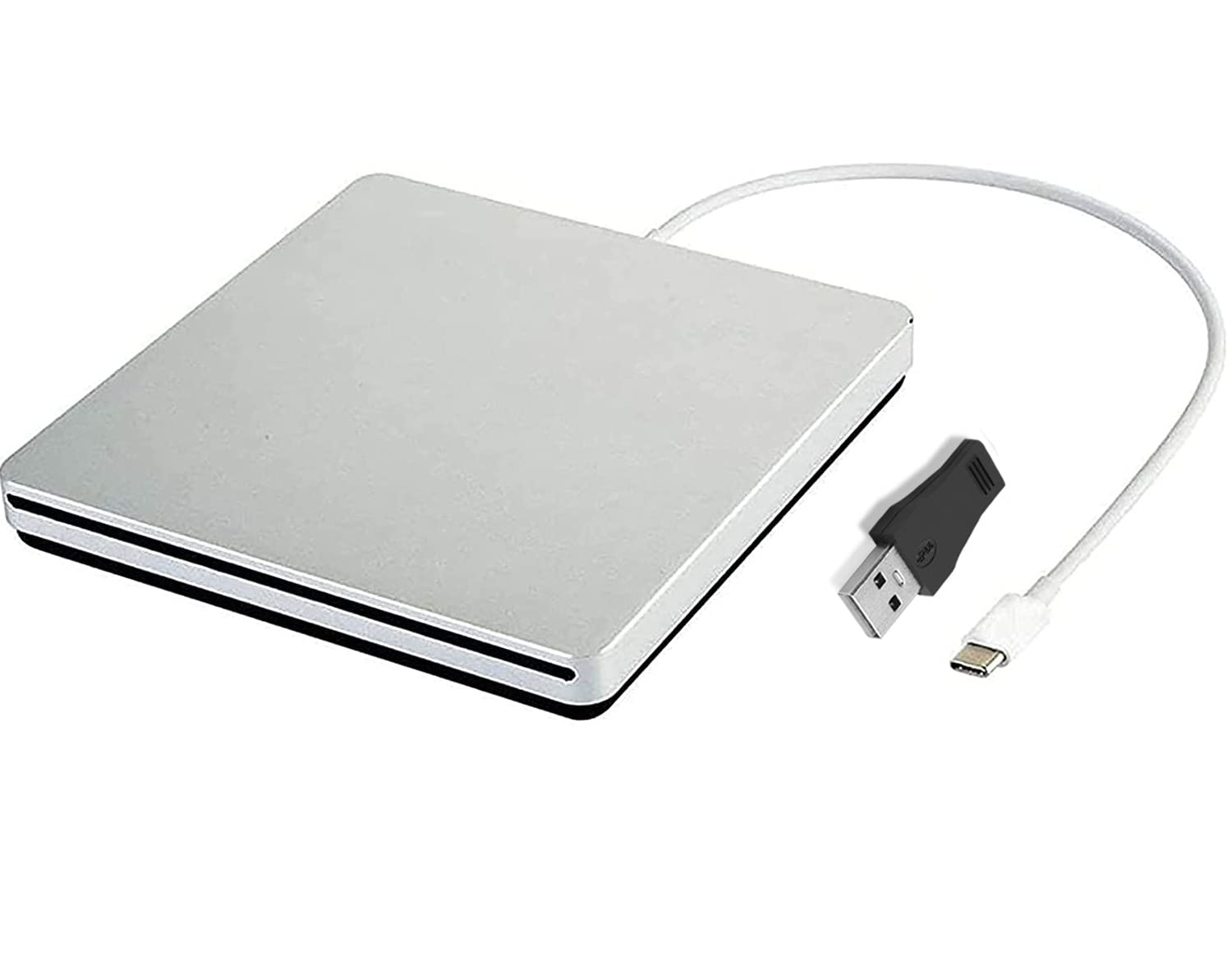 Aouan USB-C External CD DVD Drive Burner - Portable Slim Optical Disc Reader with USB 3.0 Adapter for MacBook Pro, PC, Laptop, Windows 10/8/7 - Silver | Perfect for Home Office, Travel & Media Backup