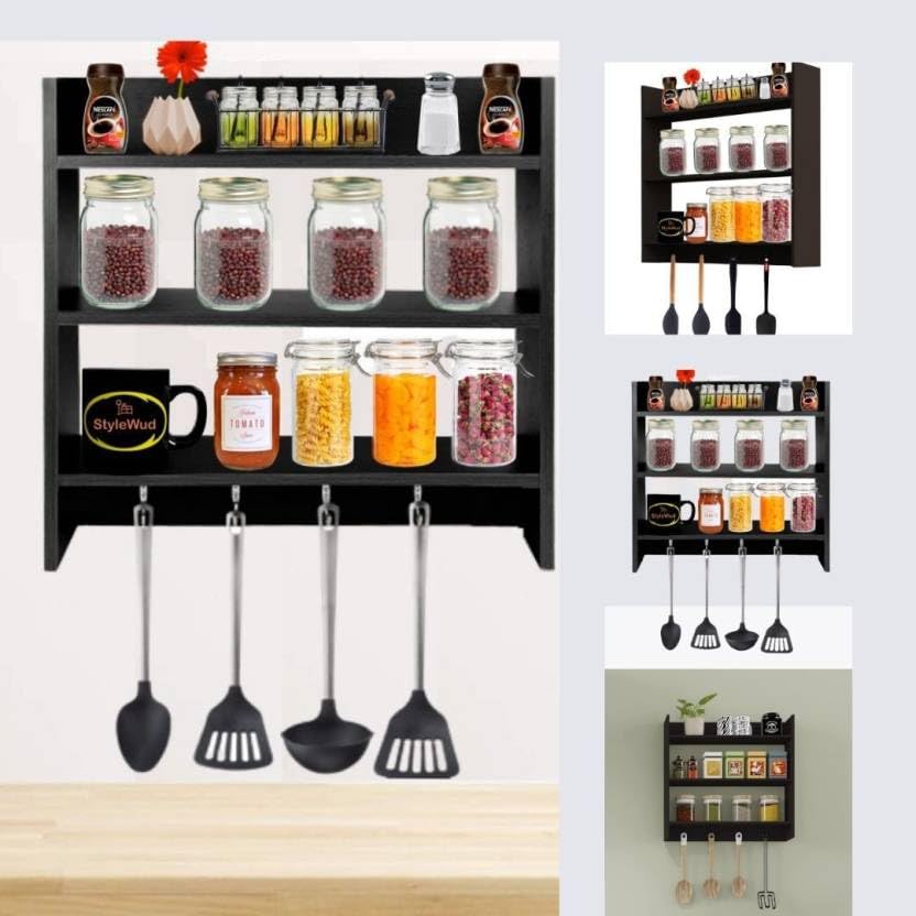 VOLDMART Wooden Kitchen Storage Rack - 3-Tier Organizer Shelf for Spices, Utensils & Cookware - Space Saving Kitchen Storage Solution for Pantry, Countertop or Cabinet