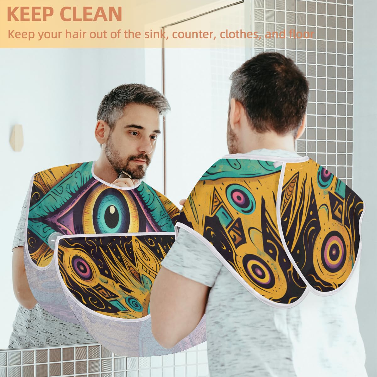 Bohemian Eye Print Beard Shaving Bib for Men & Women - Waterproof Hair Dye Apron, Makeup Cape & Barber Accessories - Perfect for Salon, Home Haircut & Beard Trimming - Sink Hair Catcher & Grooming Gift Idea