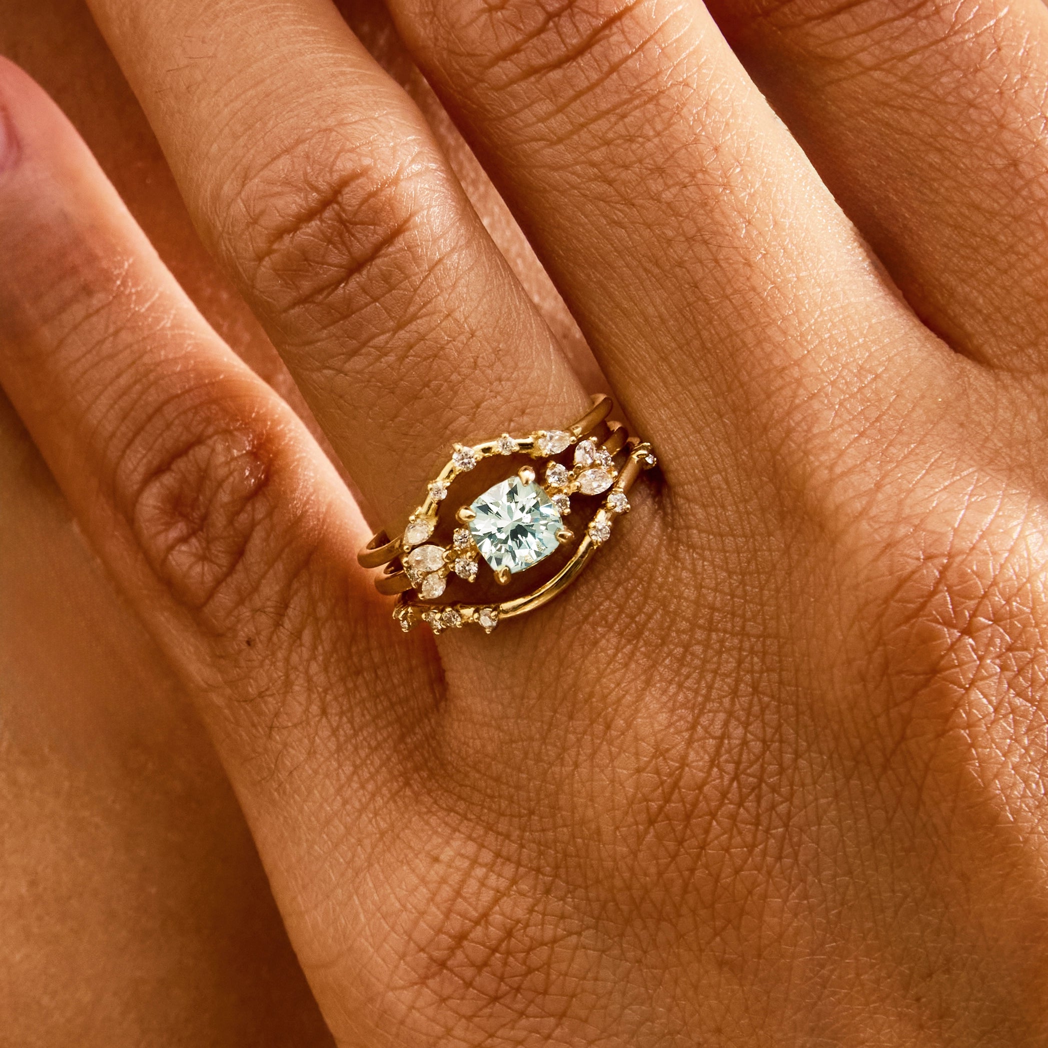 Wildflower Grace Unique Engagement Ring - 14K Yellow Gold, Cushion Cut Sapphire & Brilliant Diamonds | Perfect for Proposals, Anniversaries & Special Occasions