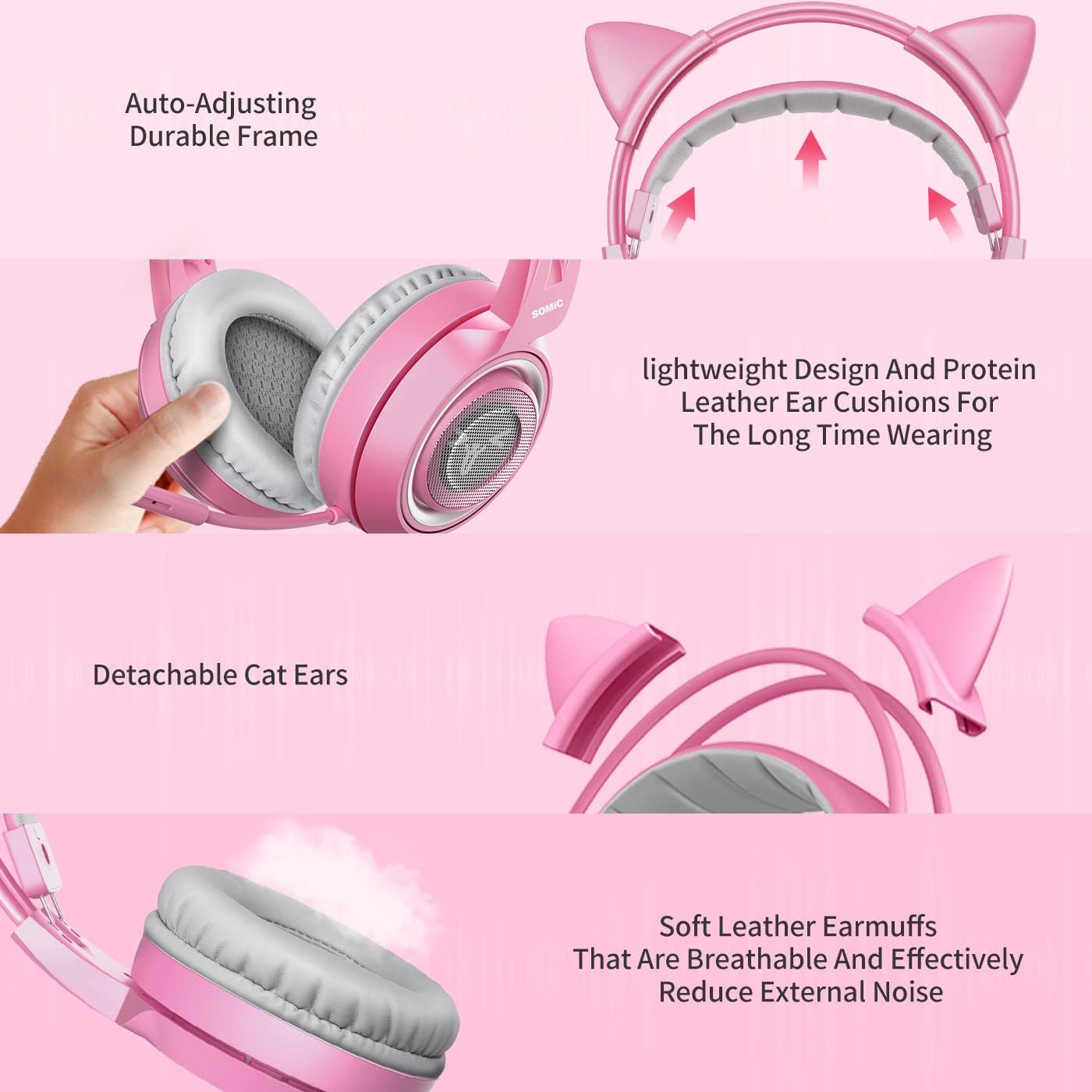 SOMIC G951 Pink Cat Ear Gaming Headset with Mic - USB Noise Cancelling Headphones, 7.1 Virtual Surround Sound, LED Lights for PC, PS4, PS5, Laptop - Perfect for Girls & Women Gamers (Ideal for Streaming, Online Gaming & Voice Chat)
