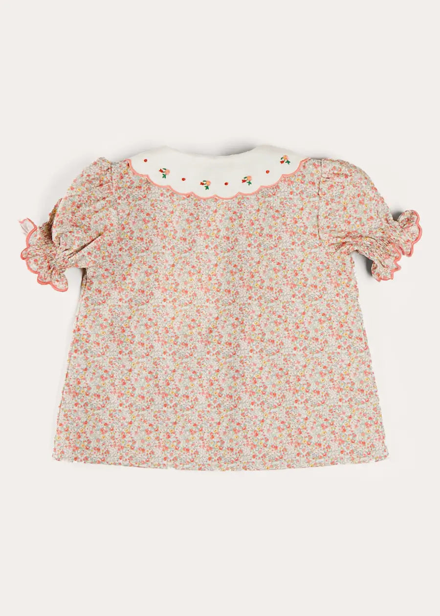 Floral Embroidered Short Sleeve Blouse for Girls - Coral Pink Cotton Top (18 Months to 10 Years) | Perfect for Spring Outfits, Birthday Parties & Family Photos
