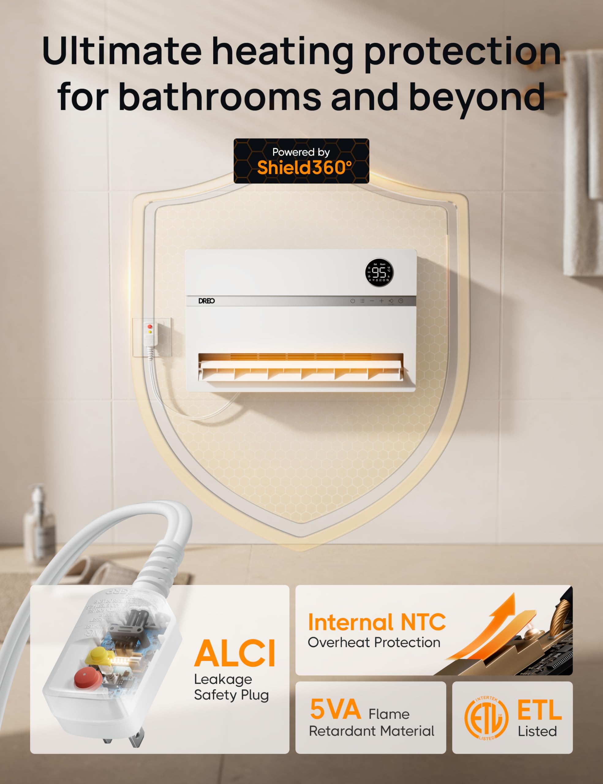Dreo 1500W Smart Wall Heater with ALCI Plug - 120° Vertical Oscillation, Adjustable Thermostat & 24H Timer - Easy Installation Electric Space Heater for Bathroom, Bedroom, Office - Perfect for Indoor Heating in Winter & Small Spaces