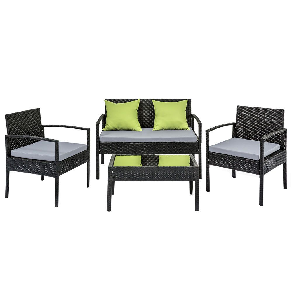 4-Seater Outdoor Wicker Sofa Set with Table and Cushions - Patio Garden Furniture for Lounge, Bistro & Backyard Relaxation - Black Rattan Furniture