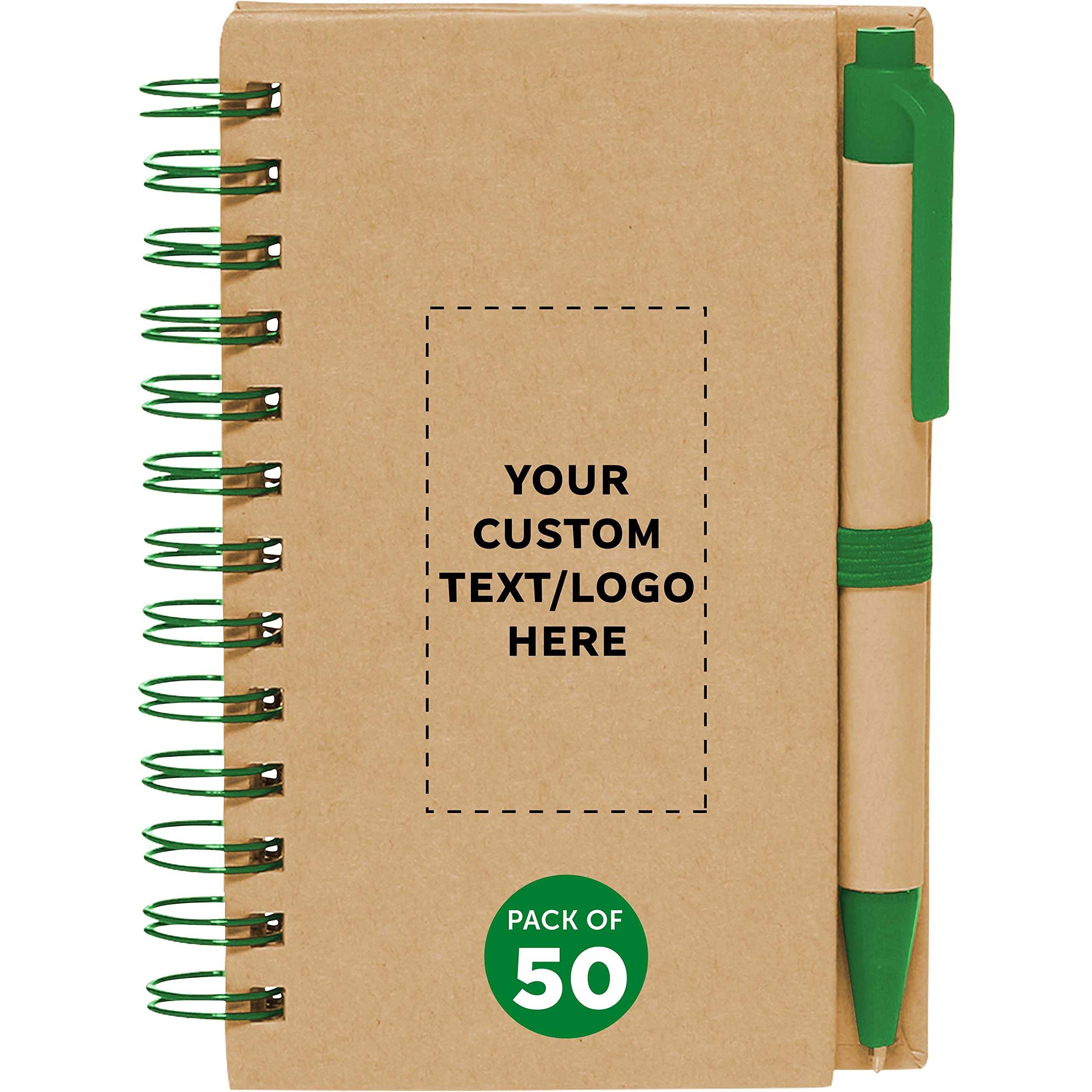 Custom Mini Spiral Notebooks with Black Ink Pens - 50-Pack Bulk Personalized Notepad Set for School, Office & Business | Compact Writing Journals for Students, Professionals & Home Use | Eco-Friendly Green Design