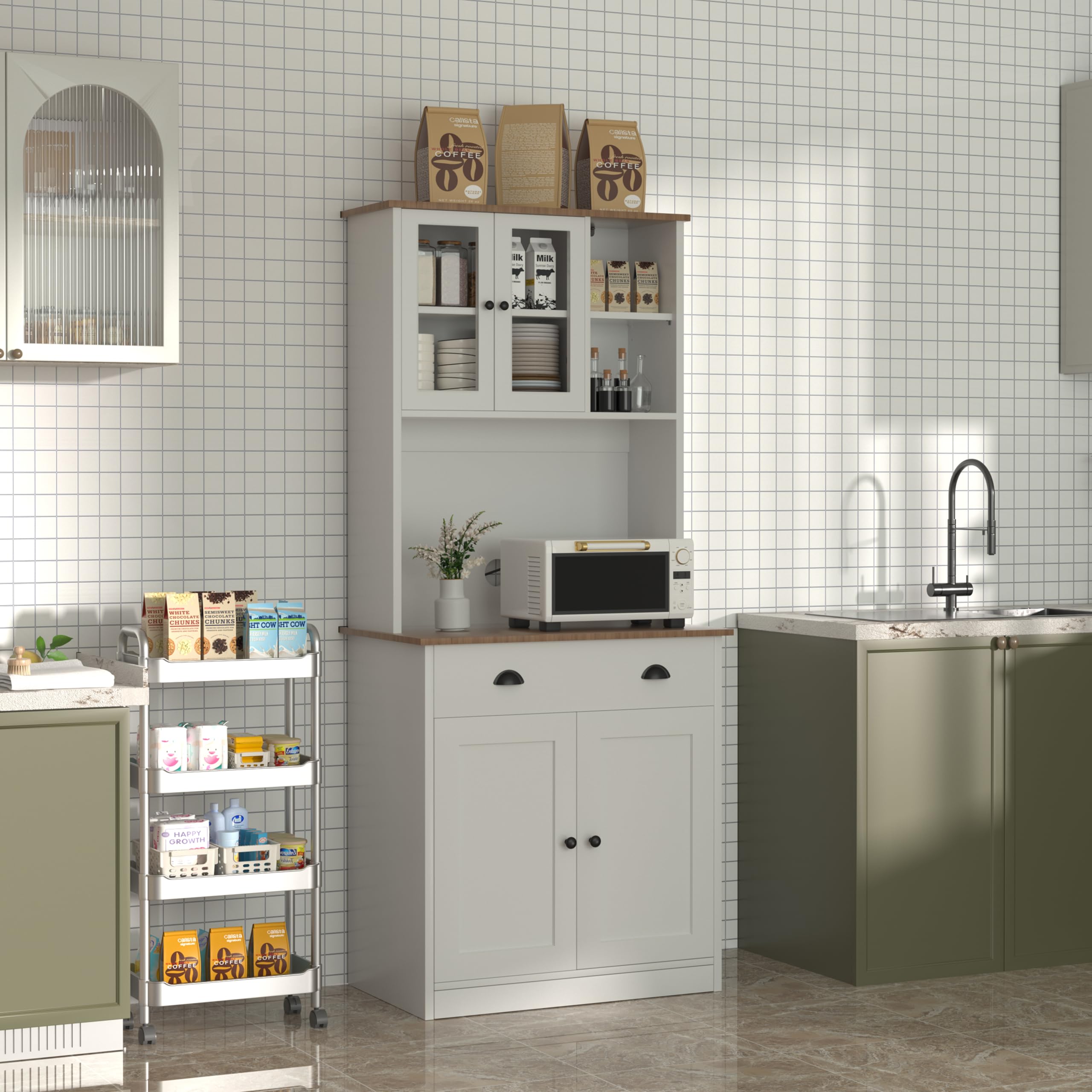 VEIKOU 72 Inch White Kitchen Pantry Cabinet with Microwave Shelf - Freestanding Storage Cabinet with Glass Doors, Adjustable Shelves & Upgraded Metal Hinges - Perfect for Small Kitchen Organization & Dining Room Storage