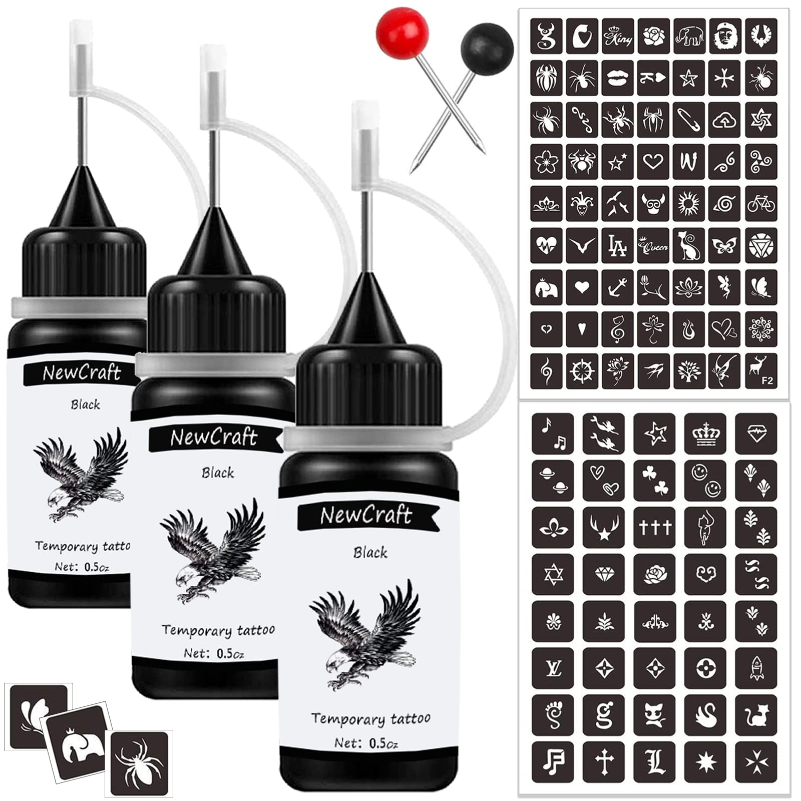 3 Packs Black Temporary Tattoo Kit with Ink & Stencils - Safe, Skin-Friendly Fake Tattoos for Adults, Teens & Kids - Perfect for Parties, Halloween & Cosplay