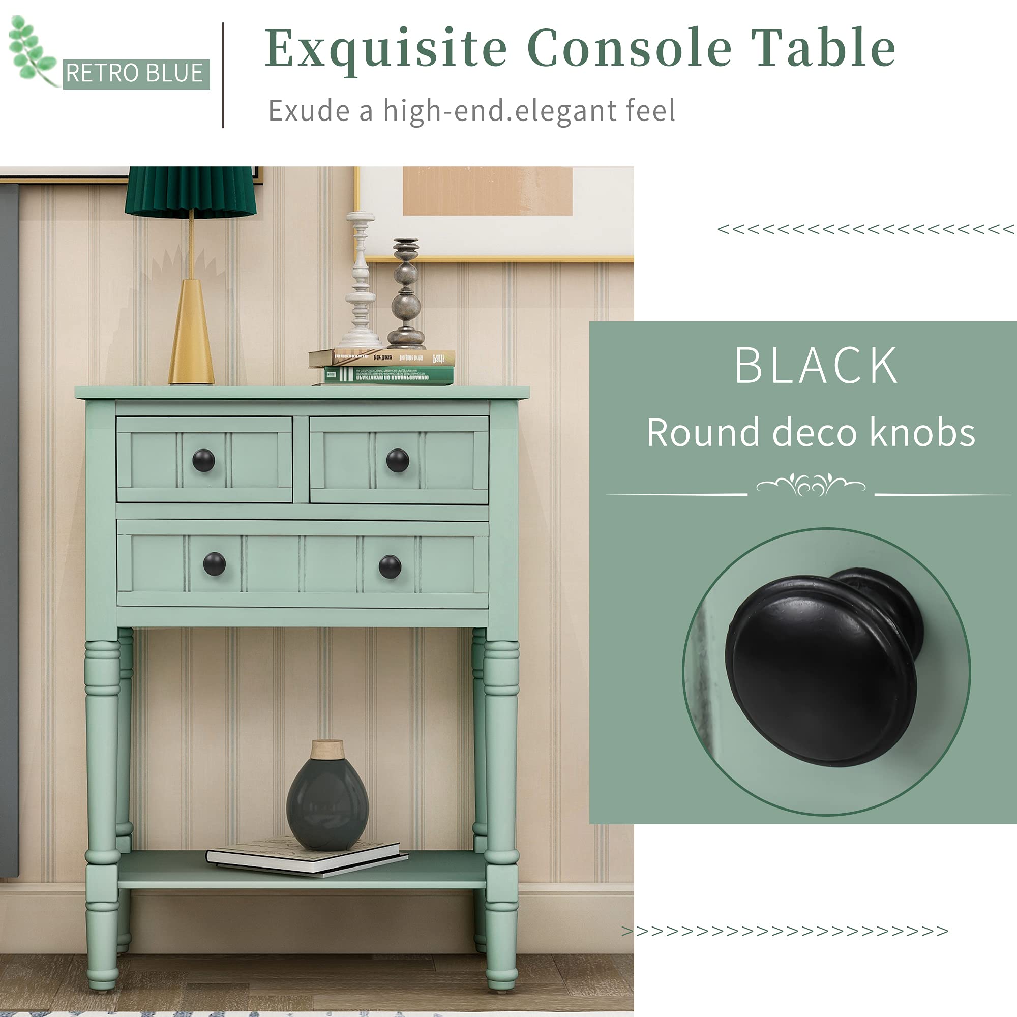 Farmhouse Narrow Console Table with Storage Drawers - Slim Sofa Table for Living Room & Entryway - Easy Assembly (Retro Blue) - Perfect for Small Spaces & Hallways