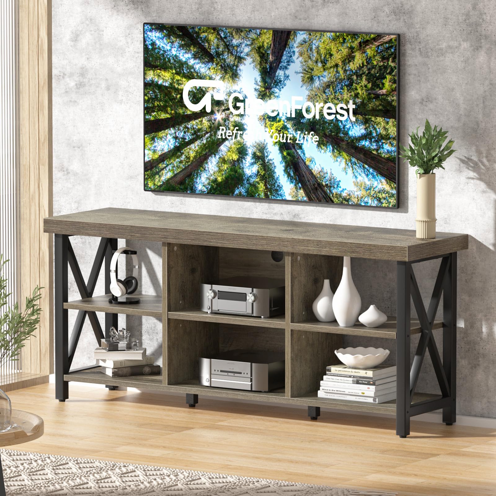 GreenForest 65 Inch TV Stand with 6 Storage Cabinets - Farmhouse Industrial Entertainment Center for Living Room, Gray | Perfect for Home Theater Setup & Living Room Organization