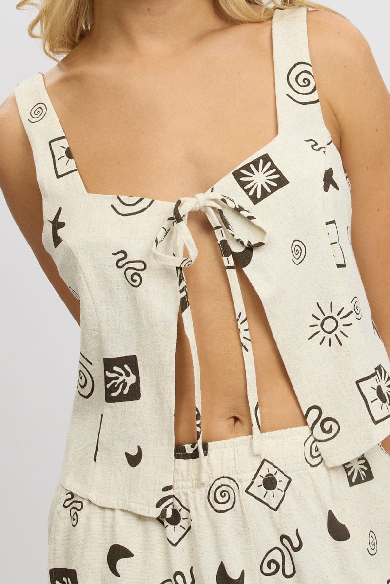 Beige Abstract Open Front Sleeveless Blouse - Linen Blend Summer Top for Women - Perfect for Beach Outings, Casual Wear & Boho Style