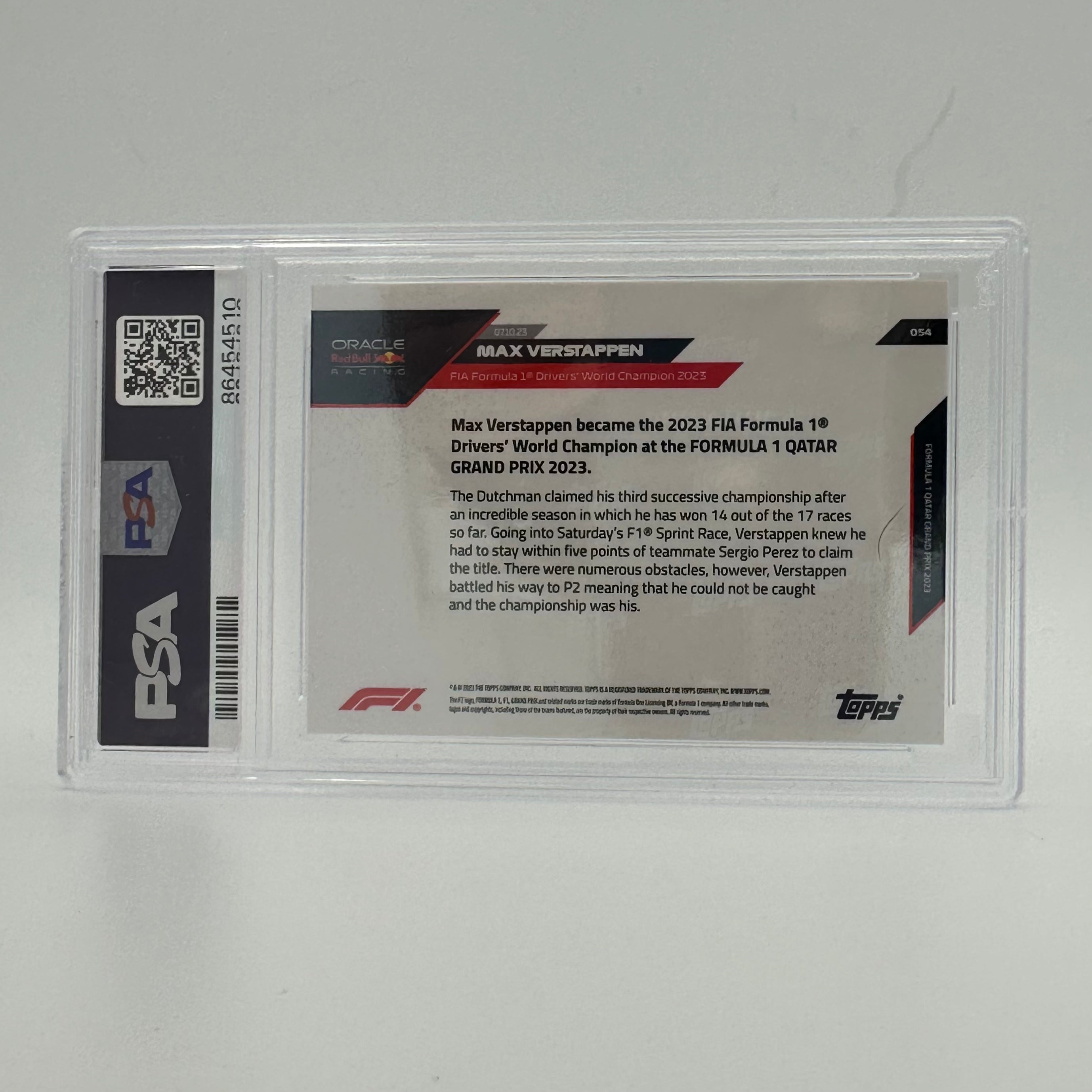 2023 Topps Now Max Verstappen #54 PSA 10 Gold Card - 2023 FIA Formula 1 World Champion - Perfect for Sports Collectors & F1 Racing Fans
