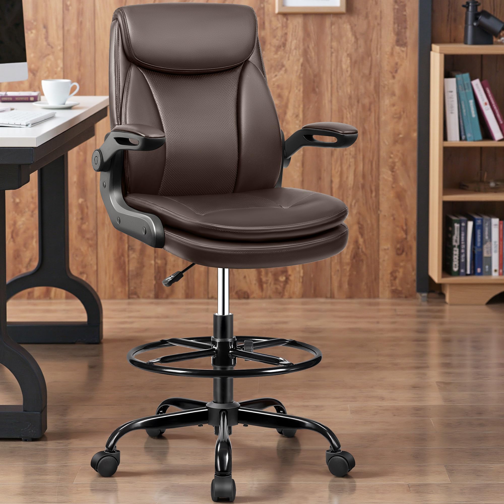 Ergonomic Drafting Chair - Adjustable Height Leather Office Chair with Flip-Up Armrests & Foot Ring - Lumbar Support for Home, Office & Studio - Comfortable Executive Desk Chair (Brown) - Perfect for Architects, Artists & Long Work Sessions