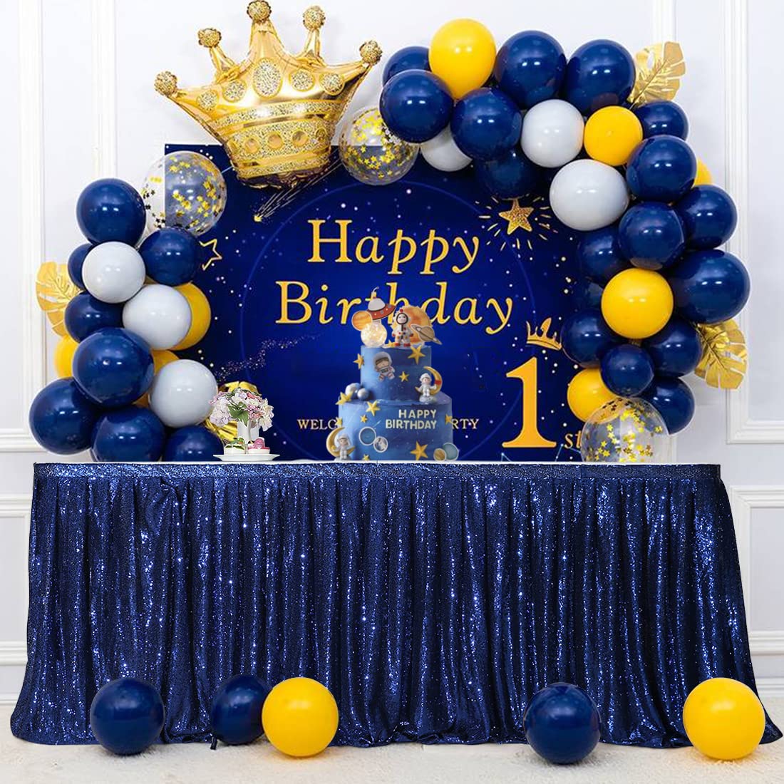 6ft x 30in Deep Blue Sequin Table Skirt - Sparkly Draped Table Cover for Birthday Parties, Baby Showers, Weddings & Events | Perfect for Dessert Tables, Cake Tables & Exhibition Receptions