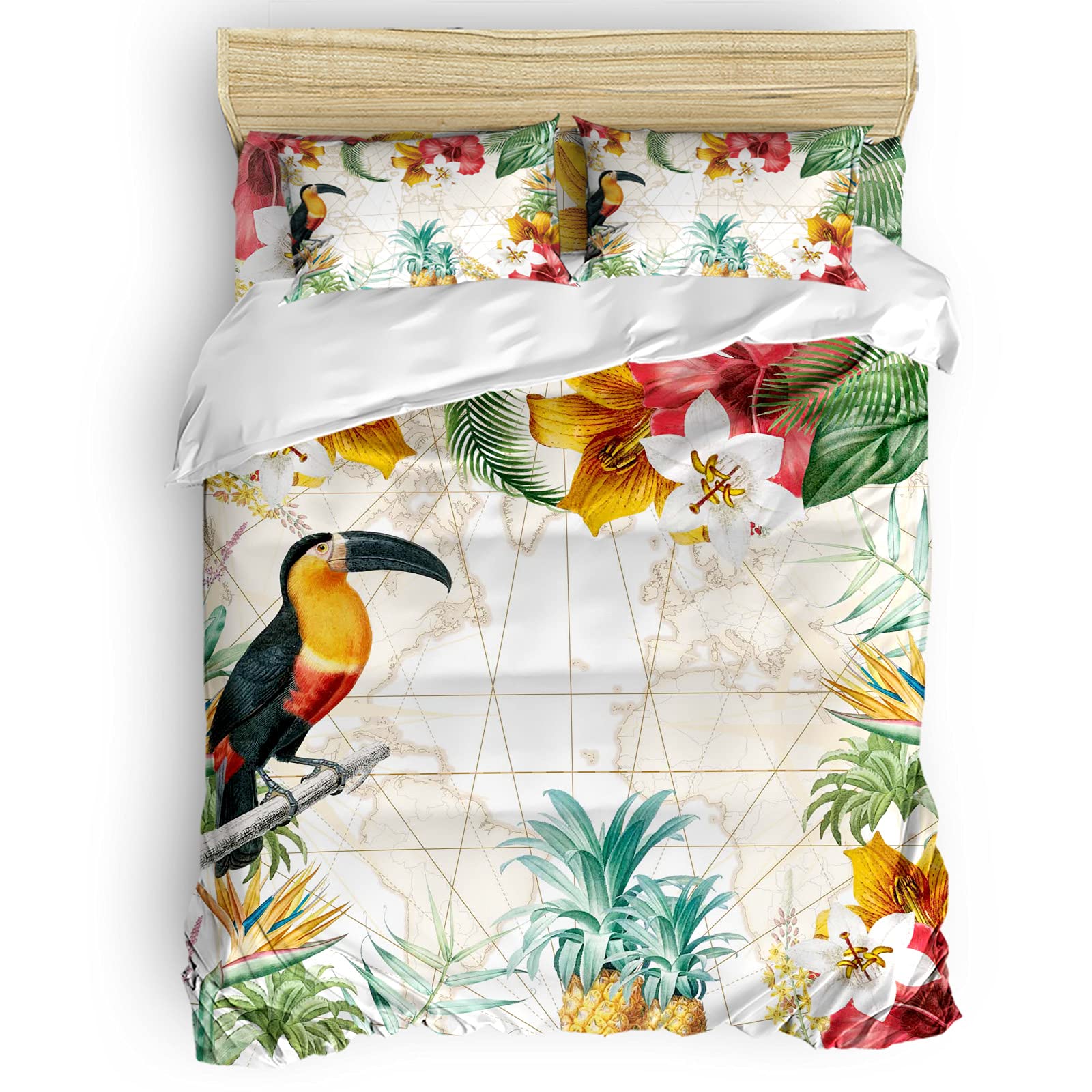 Laibao Tropical Toucan & Flowers Duvet Cover Set - Twin Size, Soft Breathable Comforter Cover with 2 Pillowcases & Flat Sheet, Vibrant Map Background Bedding for Kids' Room Decor (Boys & Girls)