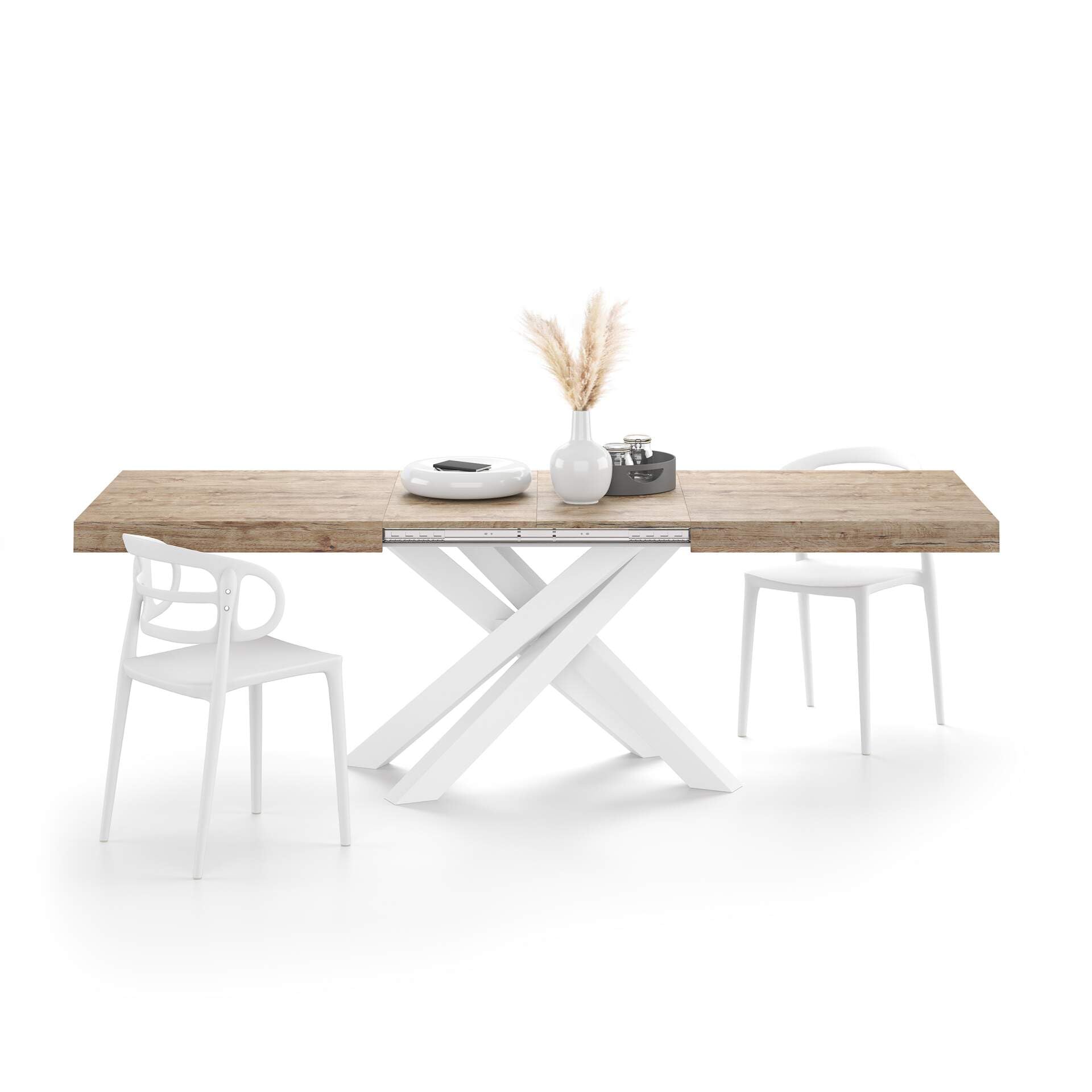 Extendable Dining Table for 6-10 People - 63 to 94.5 Inch Expandable Kitchen Table with White Crossed Legs & Oak Finish | Italian Modern Furniture for Dining Room, Living Room & Small Spaces