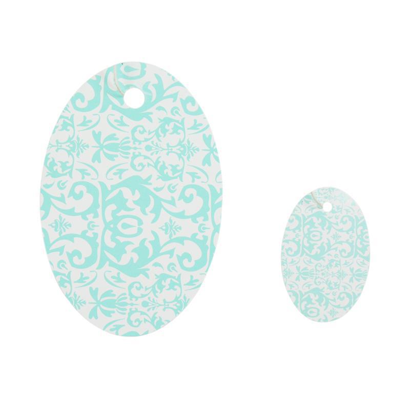 Aqua Oval Damask Gift Tags (100-Pack) - 2 Sizes for Wedding, Party & Event Decorations - Elegant Blue Watercolor Labels for Presents, Invitations & Scrapbooking