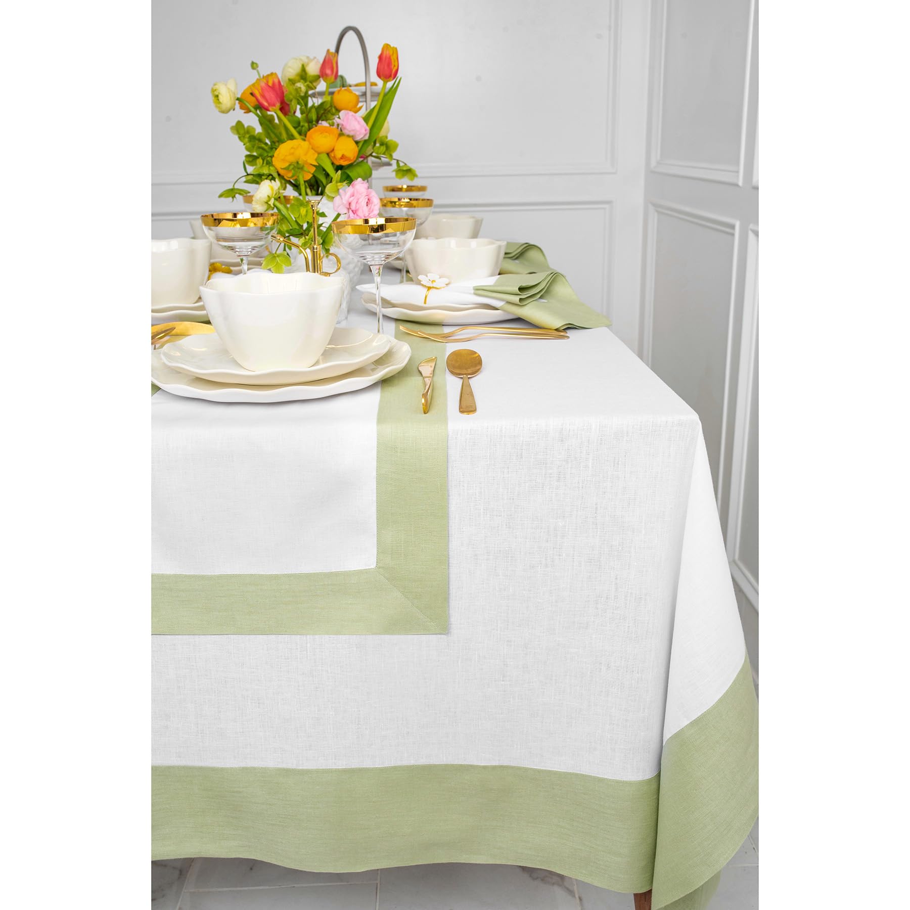 Premium 100% Pure Linen Tablecloth 60x90 Inches - Sage Green & White Rectangular Table Cover - Machine Washable, Wrinkle-Resistant for Easter, Mother's Day, Wedding & Party Decor - Perfect for Dining Tables, Buffets & Special Occasions
