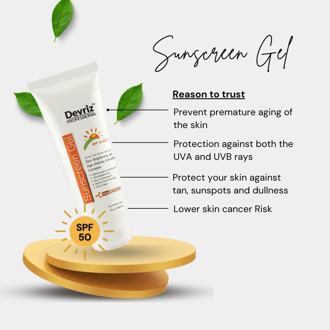 Devriz SPF 50 Sunscreen Gel with Vitamin E - Brightens Skin, Prevents Acne & Provides UVA/UVB Protection for Men & Women | Daily Face & Body Sun Protection for Beach, Outdoor & Sports Activities