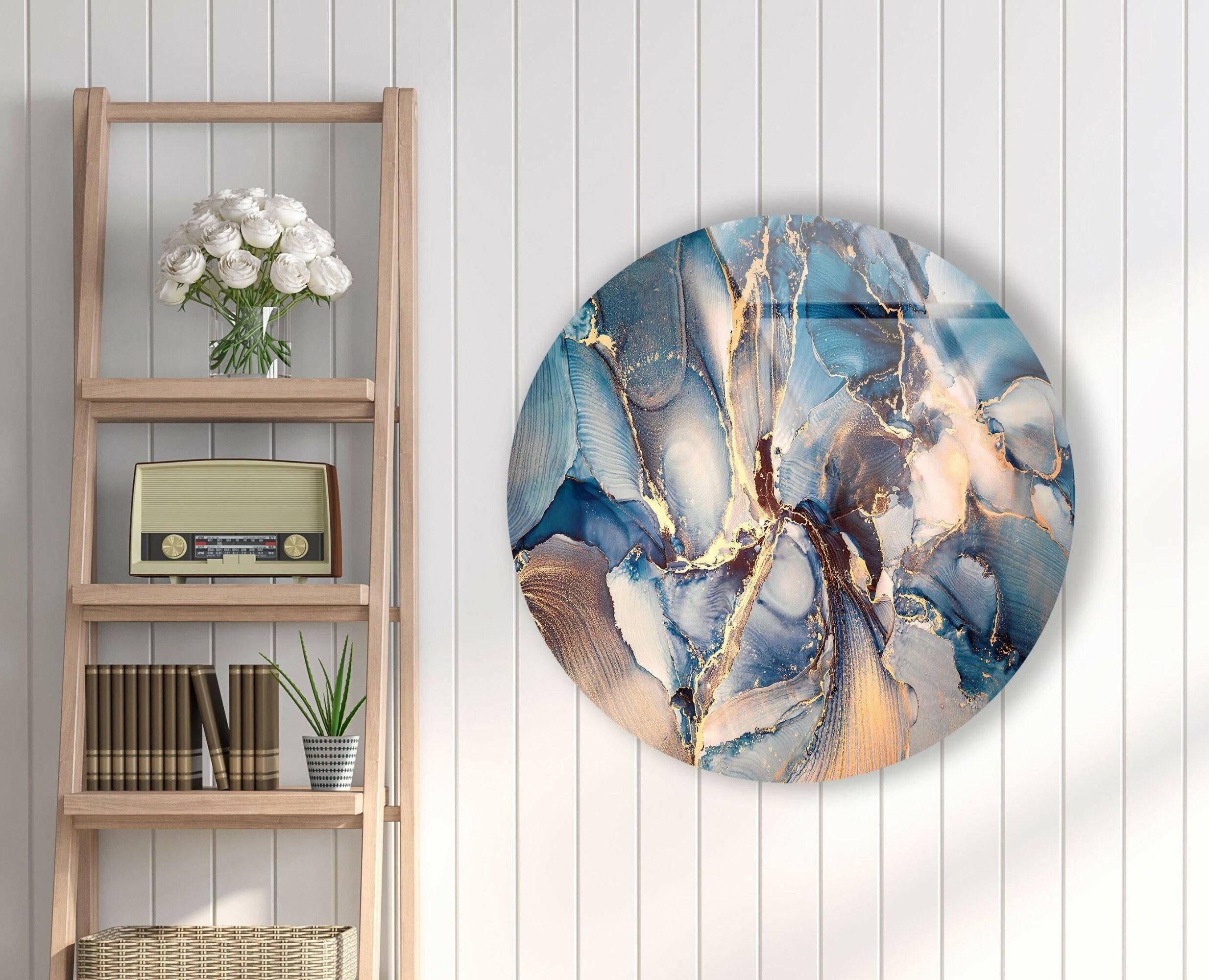 Blue Marble Pattern Round Glass Wall Art - Elegant Home Decor for Living Room, Bedroom & Office - Perfect for Modern & Contemporary Interior Design