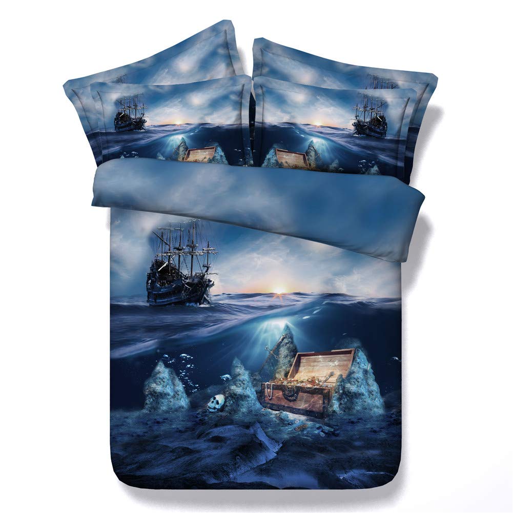 JF-436 Pirate Themed Bedding Set - Grand Blue Ocean Print with Skull & Treasure Box Design - 3 Piece Twin Size (Includes 1 Duvet Cover & 2 Pillow Shams) - Perfect for Kids' Rooms, Nautical Themed Decor or Adventure Lovers