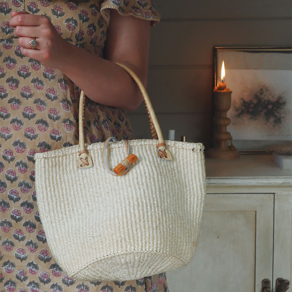 Eco-Friendly Sisal Shopping Tote Bag with Genuine Leather Handles - Stylish & Durable Reusable Grocery Bag for Farmers Market, Beach, or Everyday Use