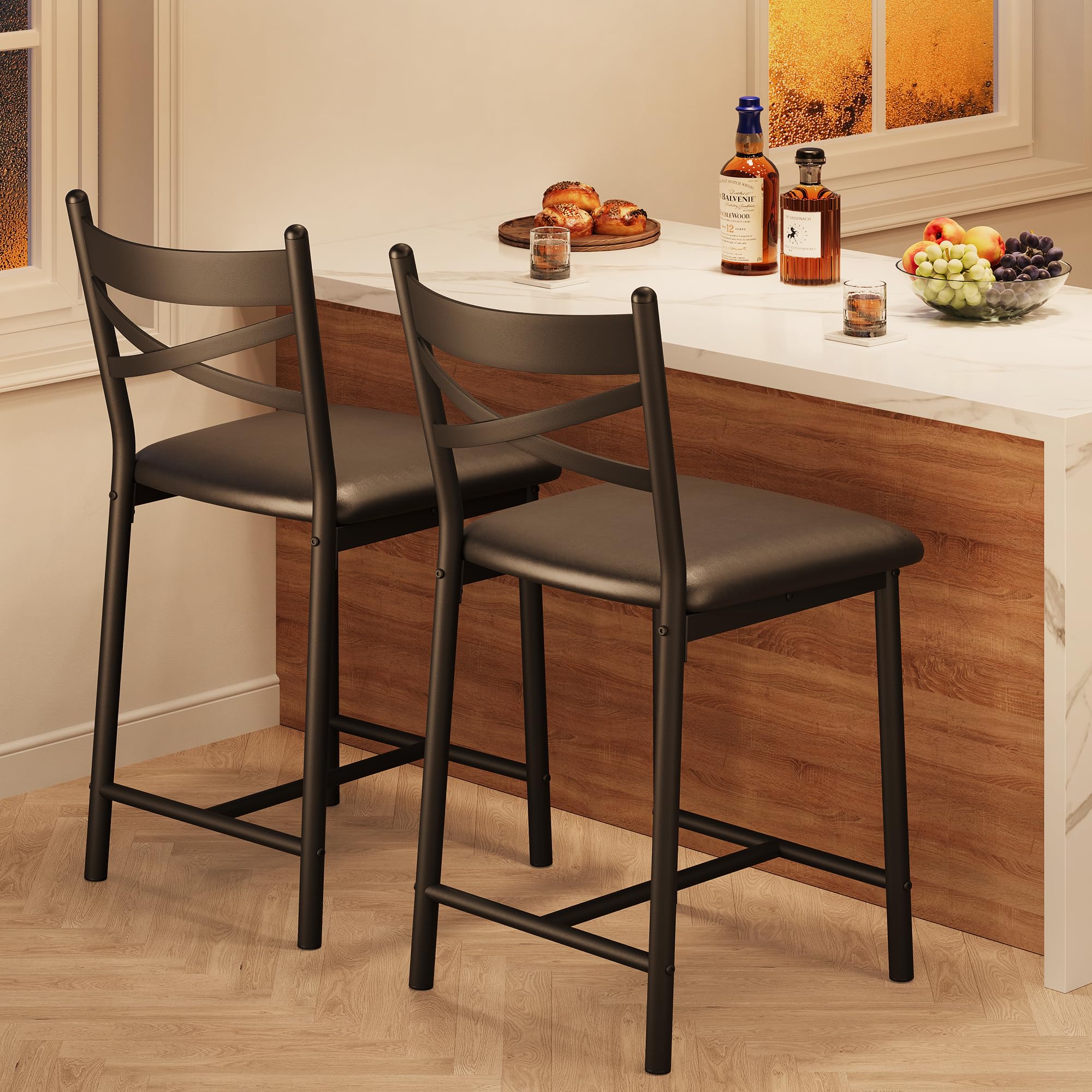 IDEALHOUSE Set of 2 Upholstered Bar Stools with Back Support & Thick Cushion - 24