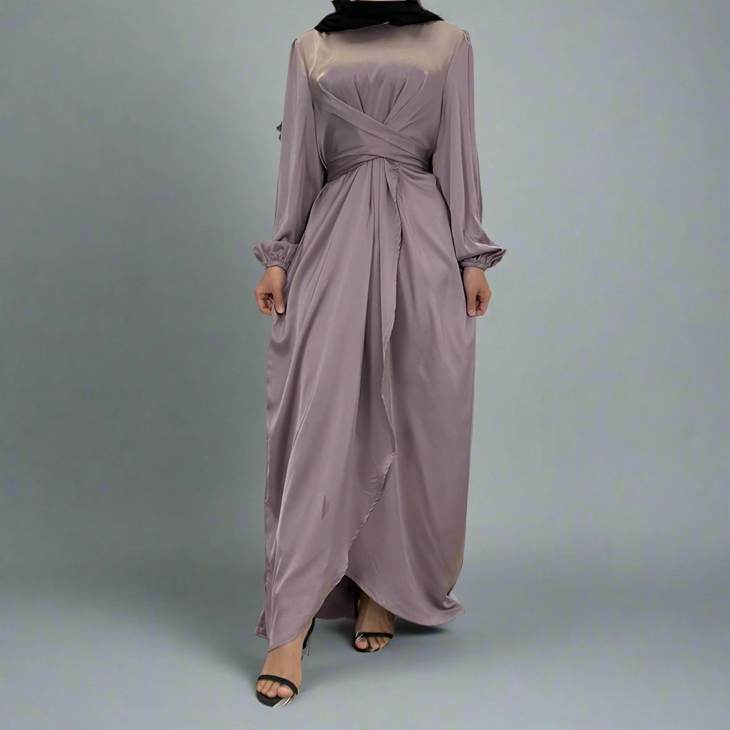 Elegant Muslim Tunic Satin Abaya Dress for Women - Modest Islamic Prayer Dress & Evening Wear - Perfect for Eid, Mosque, and Special Occasions
