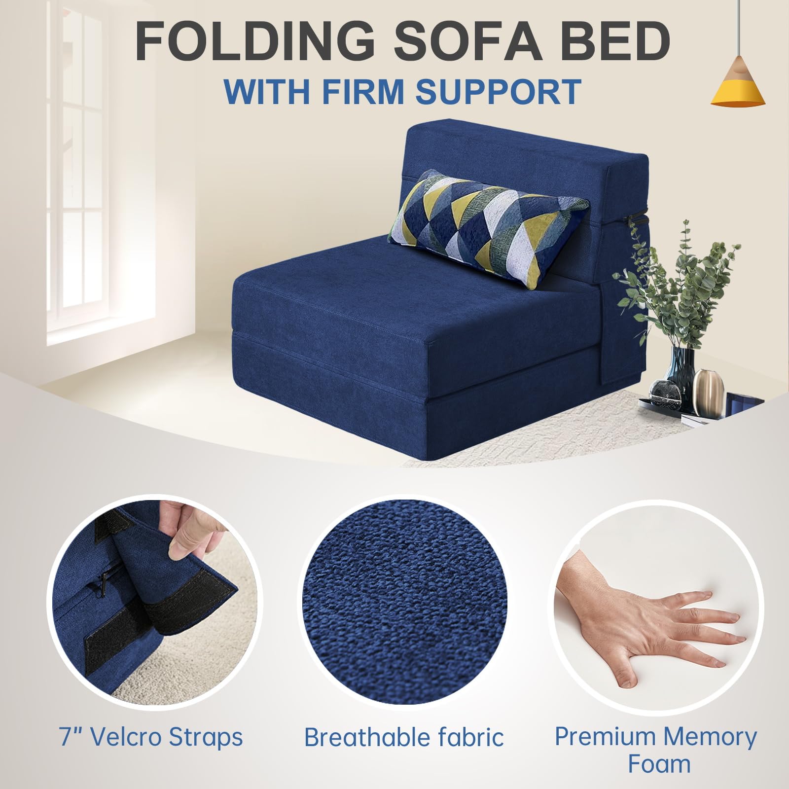 Convertible Folding Sofa Bed with Memory Foam Pillow - Single Size Dark Blue Sleeper Chair for Living Room, Home Office, Guest Bed & Small Spaces - Perfect for Apartments, Lofts and Overnight Guests