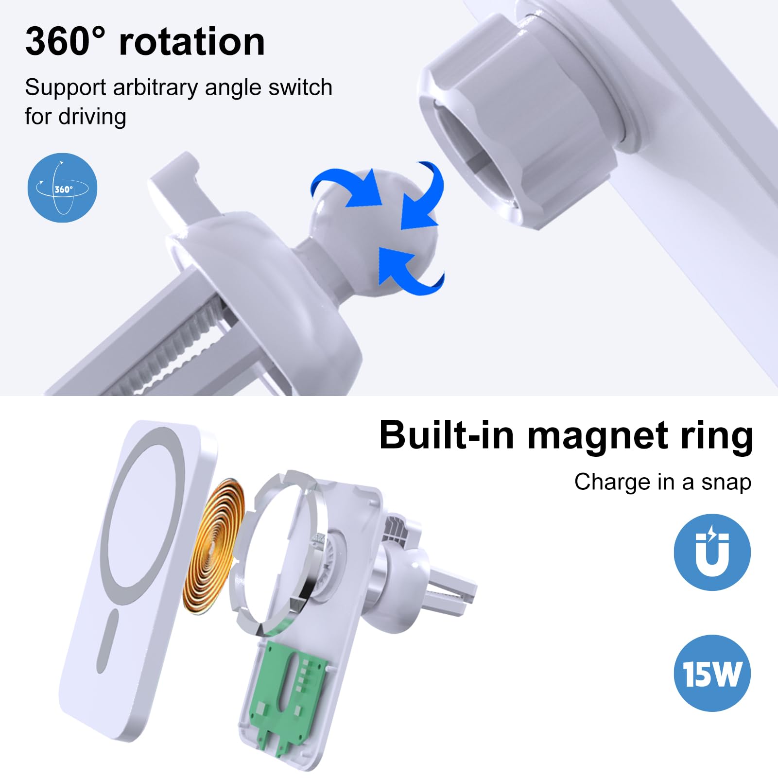 15W Fast Wireless Car Charger Mount for iPhone 16/15/14/13/12 - HYDGYC MagSafe Air Vent Phone Holder with 360° Rotation & Secure Grip (White) | Perfect for Commuting, Road Trips & Hands-Free Charging