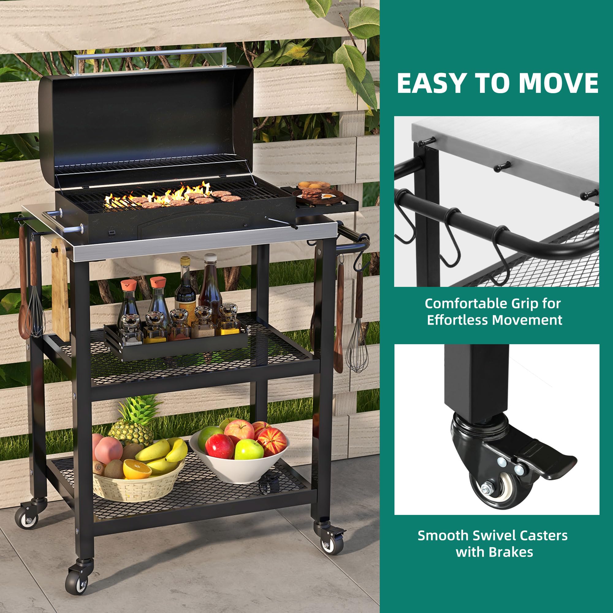 YITAHOME Outdoor Grill Table with Hooks & Side Handle - Portable BBQ Prep Cart for Pizza Oven, Patio, Garden & Kitchen - Durable Sliver & Black Design for Backyard Cooking & Entertaining